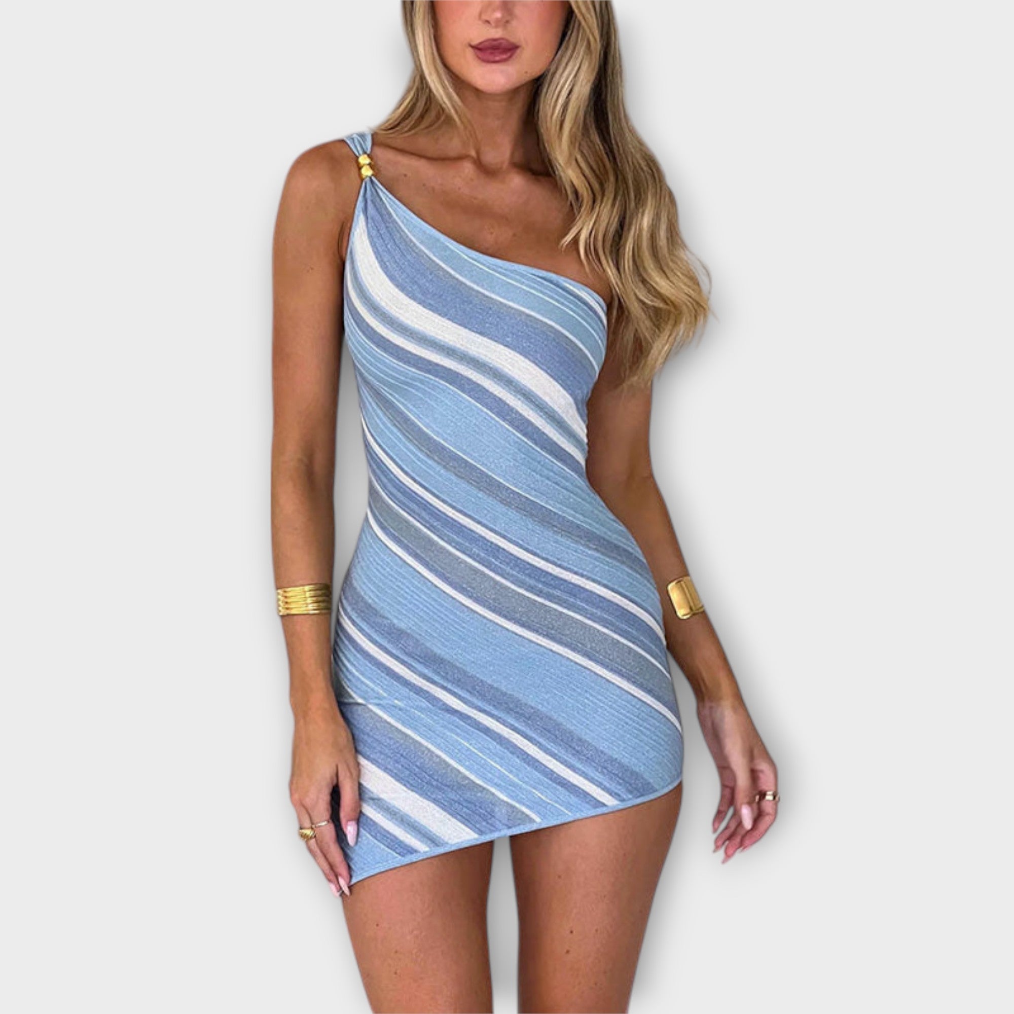Kira - Trendy Jedno-ramenné Pletené Mini Šaty
