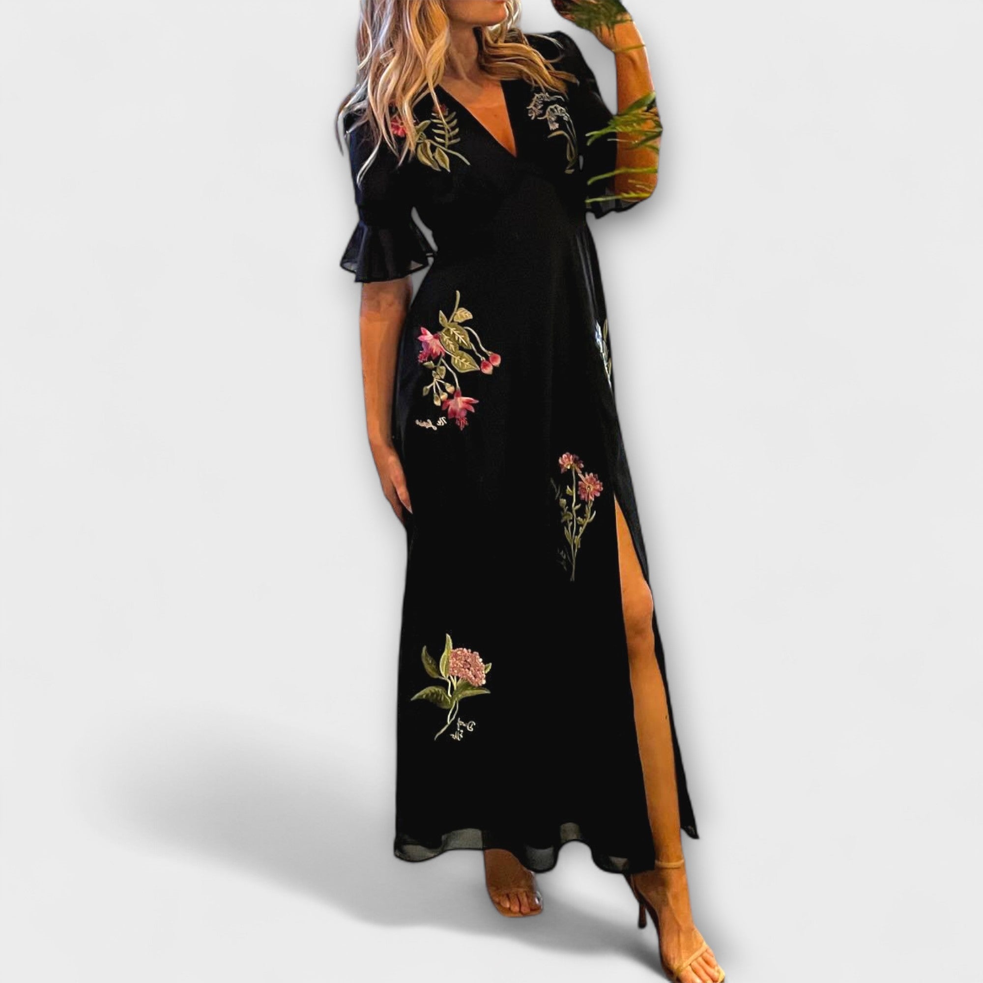 Beatrice - Elegantné námornícke modré šaty s kvetinovou výšivkou