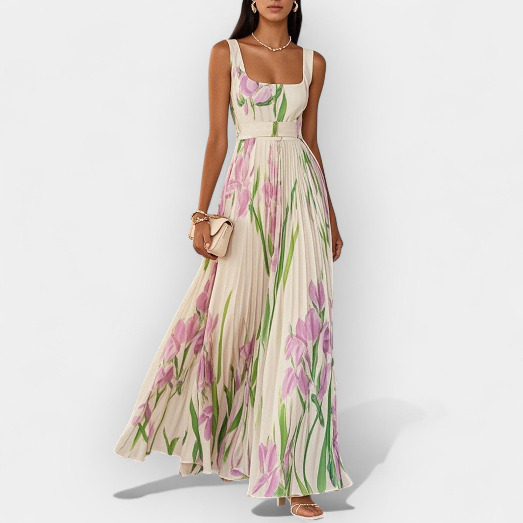 Rochie maxi plisată cu imprimeu floral și bretele late