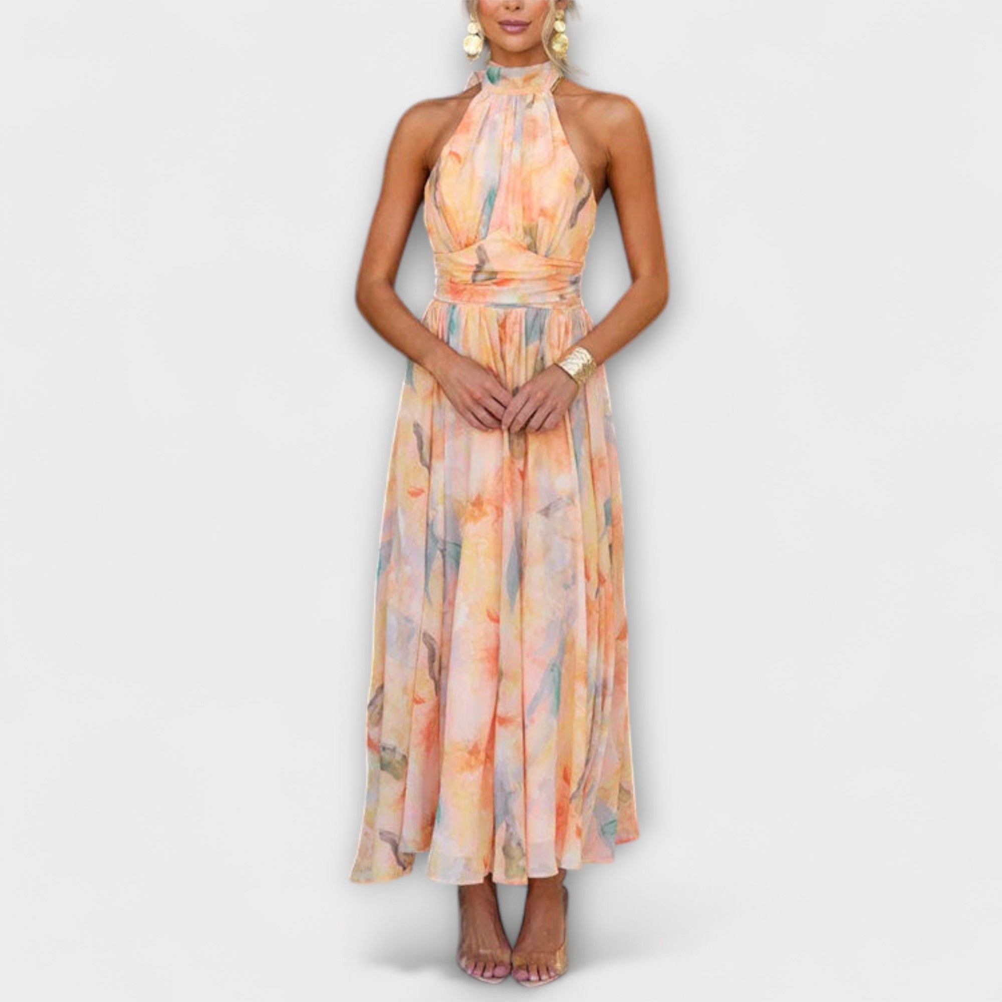 Rochie maxi în nuanțe acuarelă