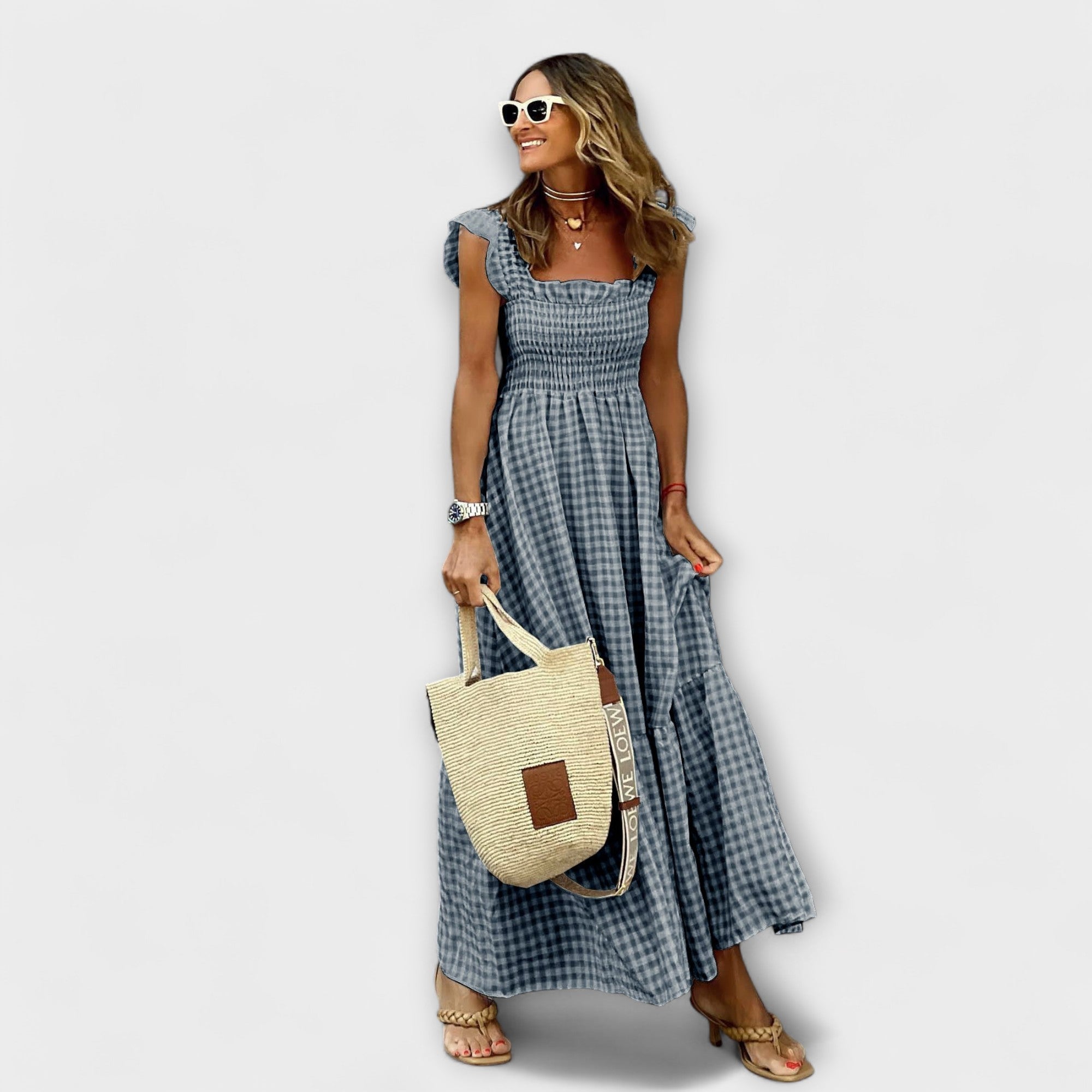 Kárované maxikleid s volánovými rukávmi