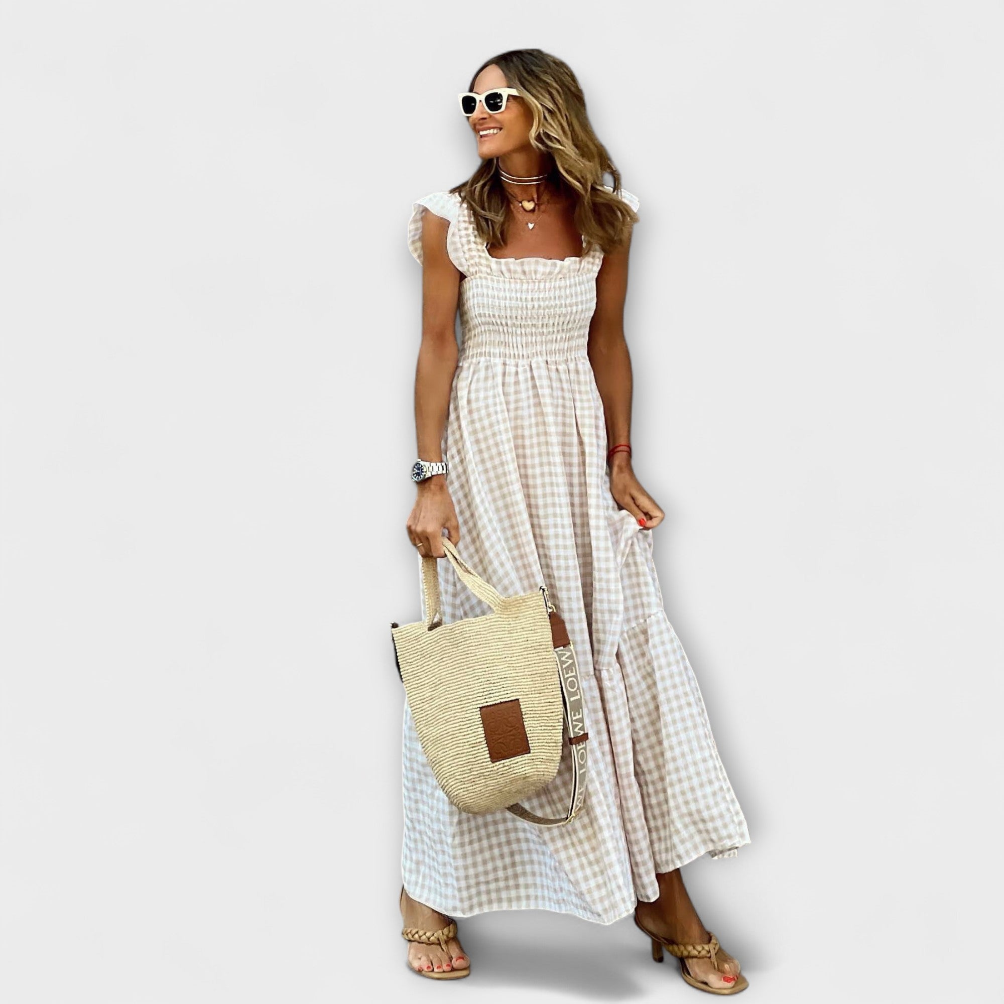 Kárované maxikleid s volánovými rukávmi