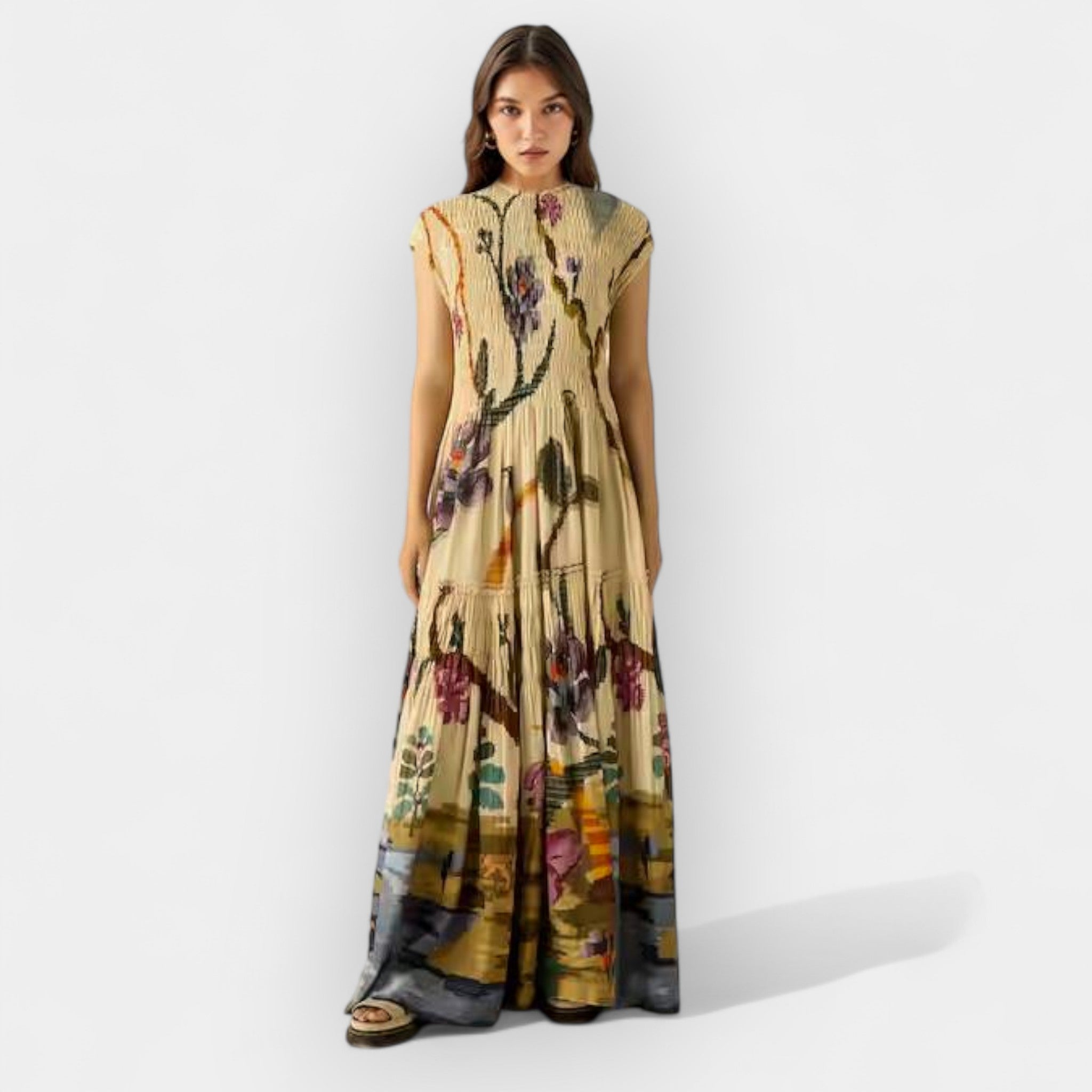 Rochie maxi plisată cu imprimeu
