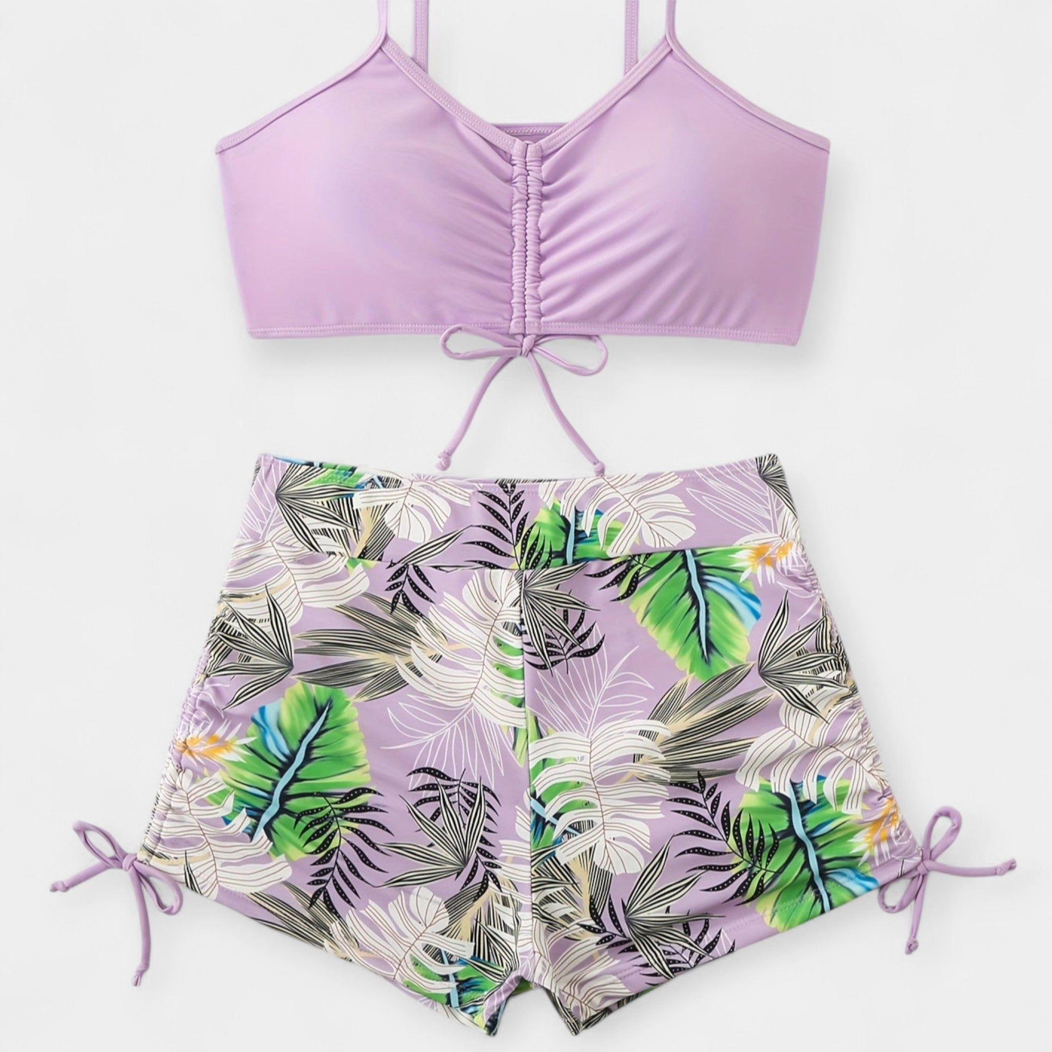 Bikini tropical cu talie înaltă și bretele