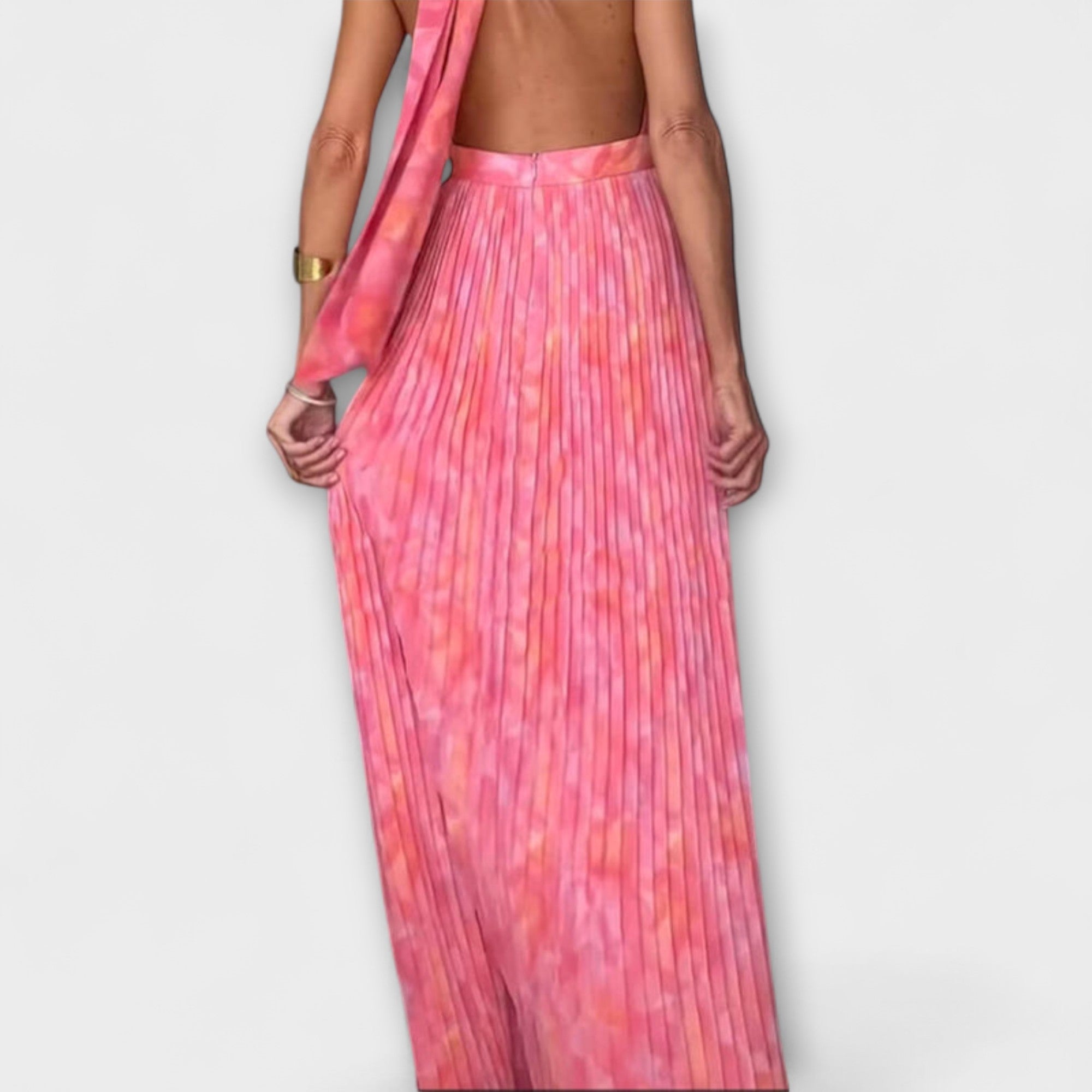 Seraphina – Elegant Halter Dress with V-Neck and Pleats