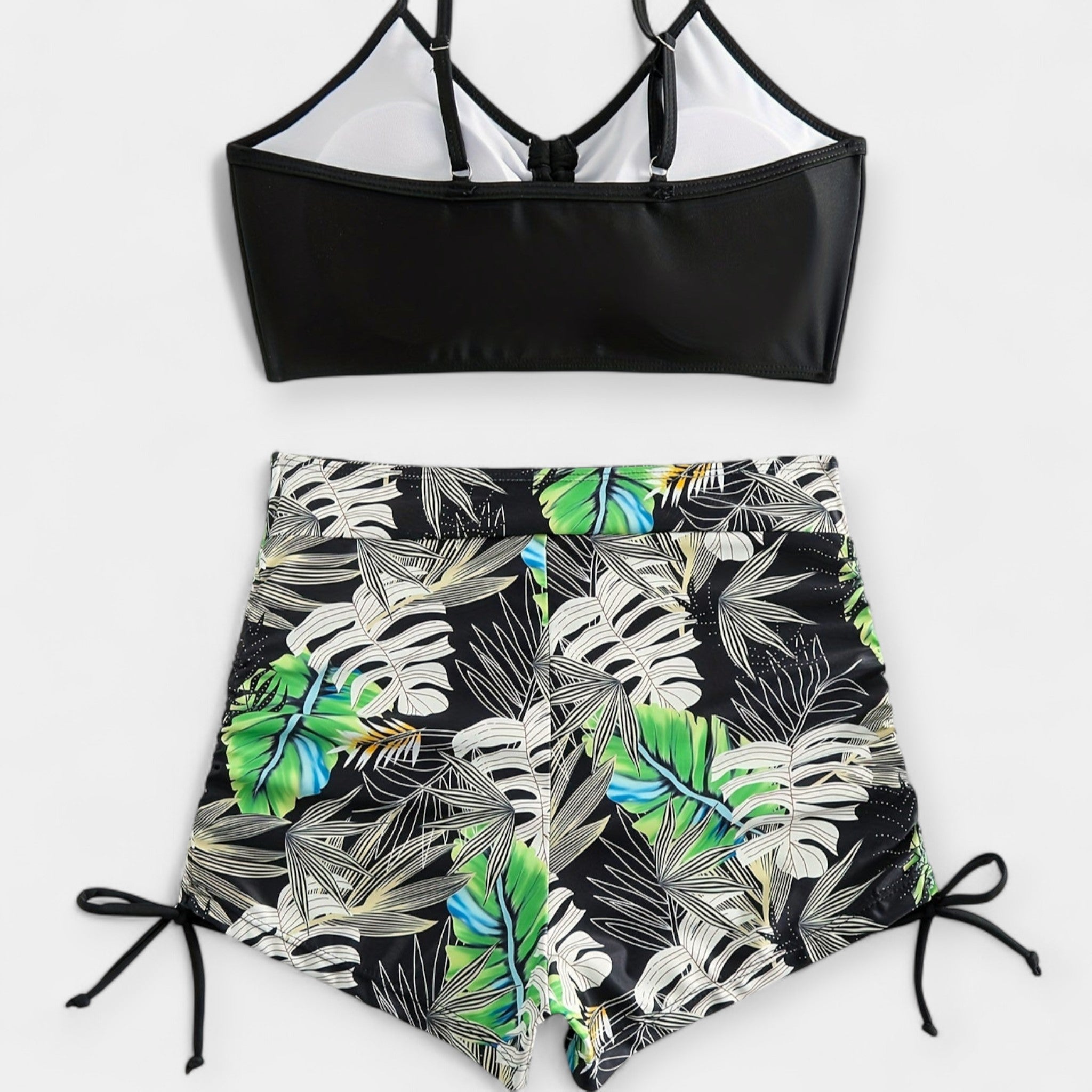 Bikini tropical cu talie înaltă și bretele