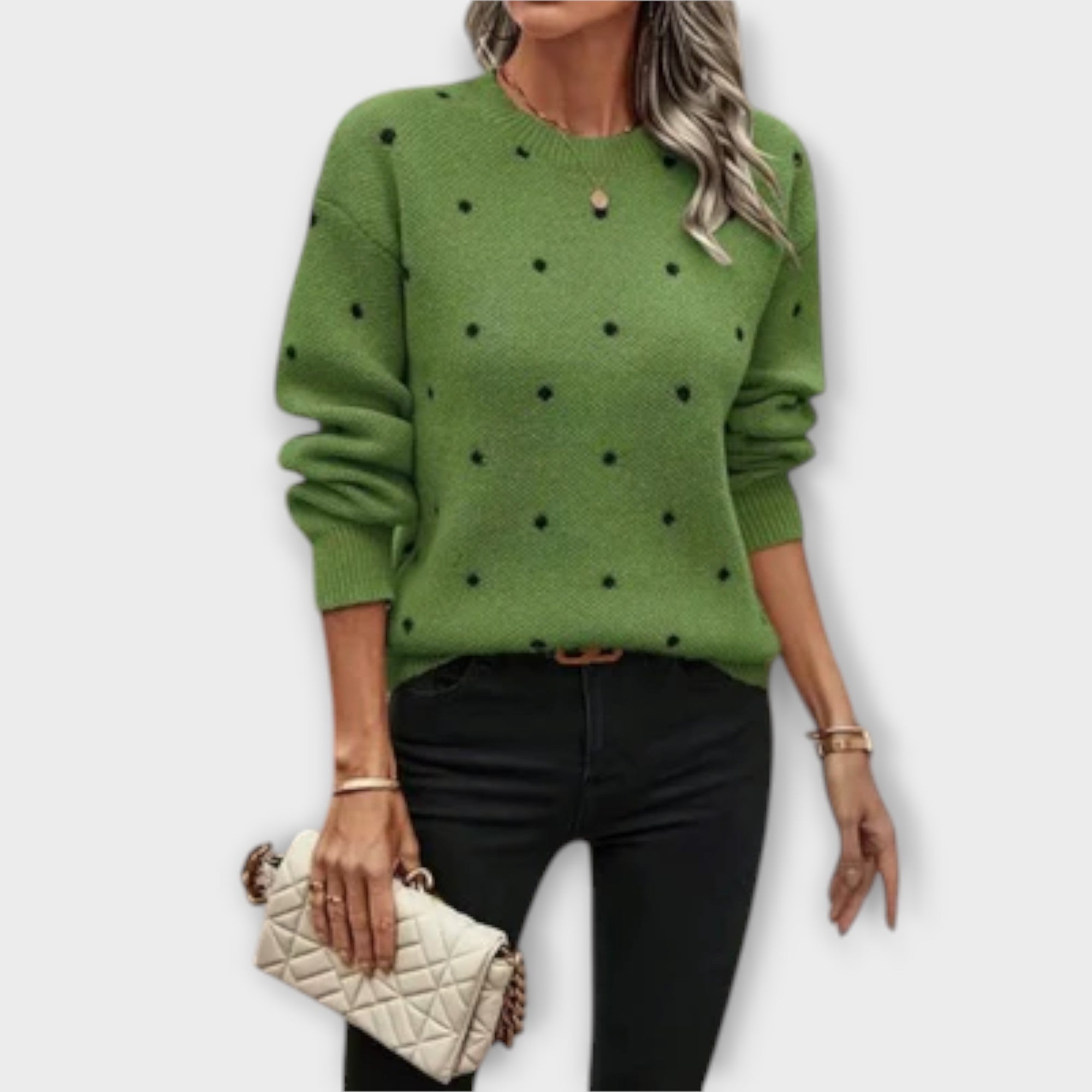 Comfortable Knitted Sweater with Long Sleeves and Polka Dot Pattern