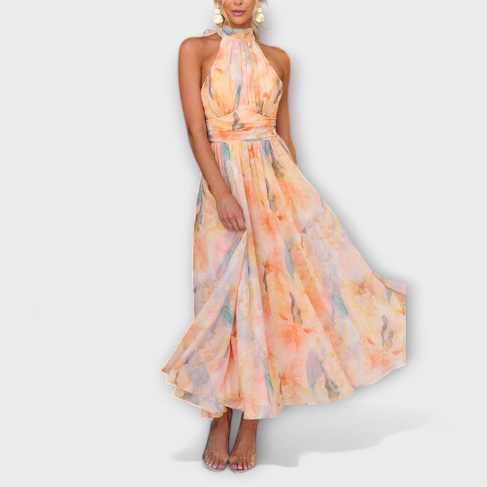 Rochie maxi în nuanțe acuarelă