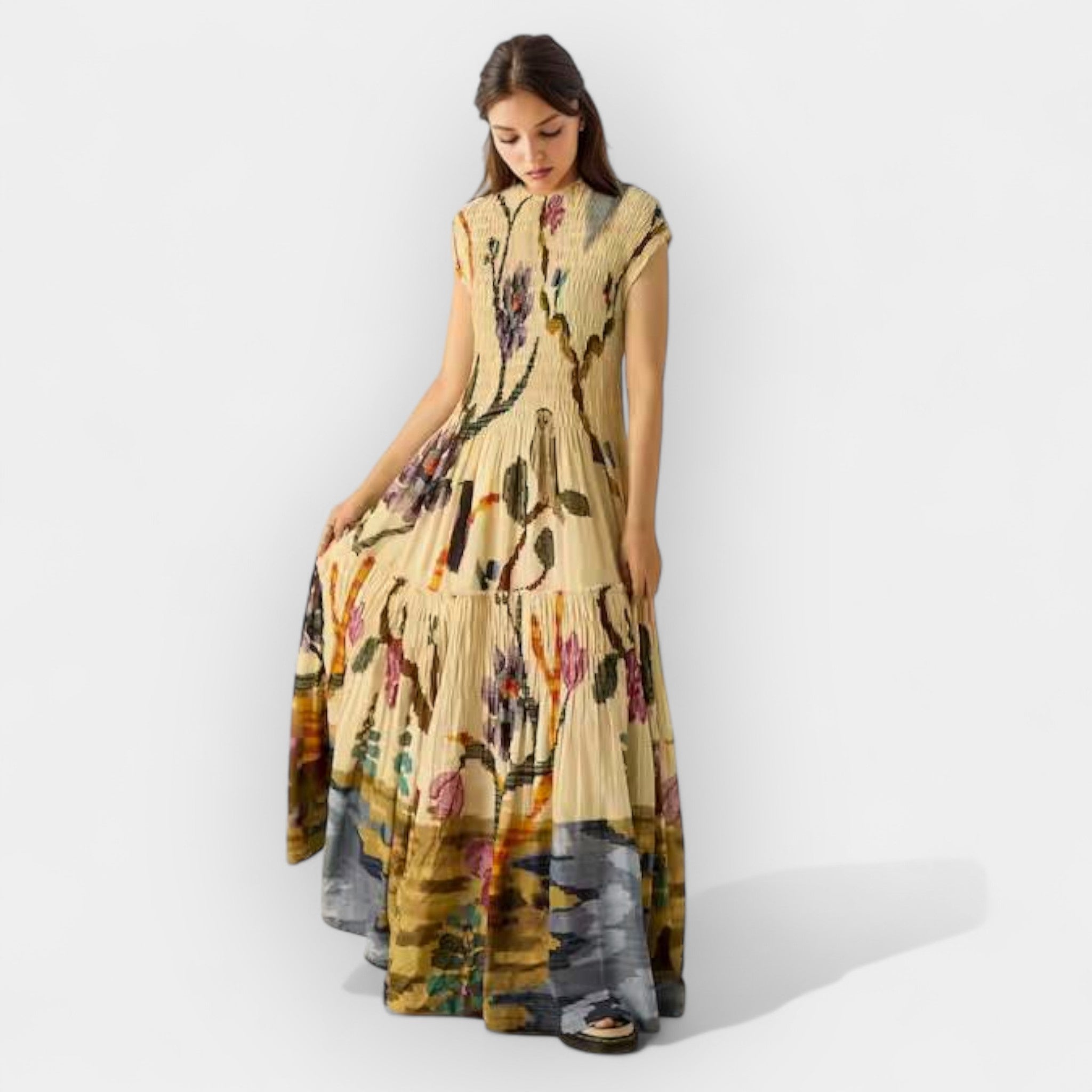 Rochie maxi plisată cu imprimeu