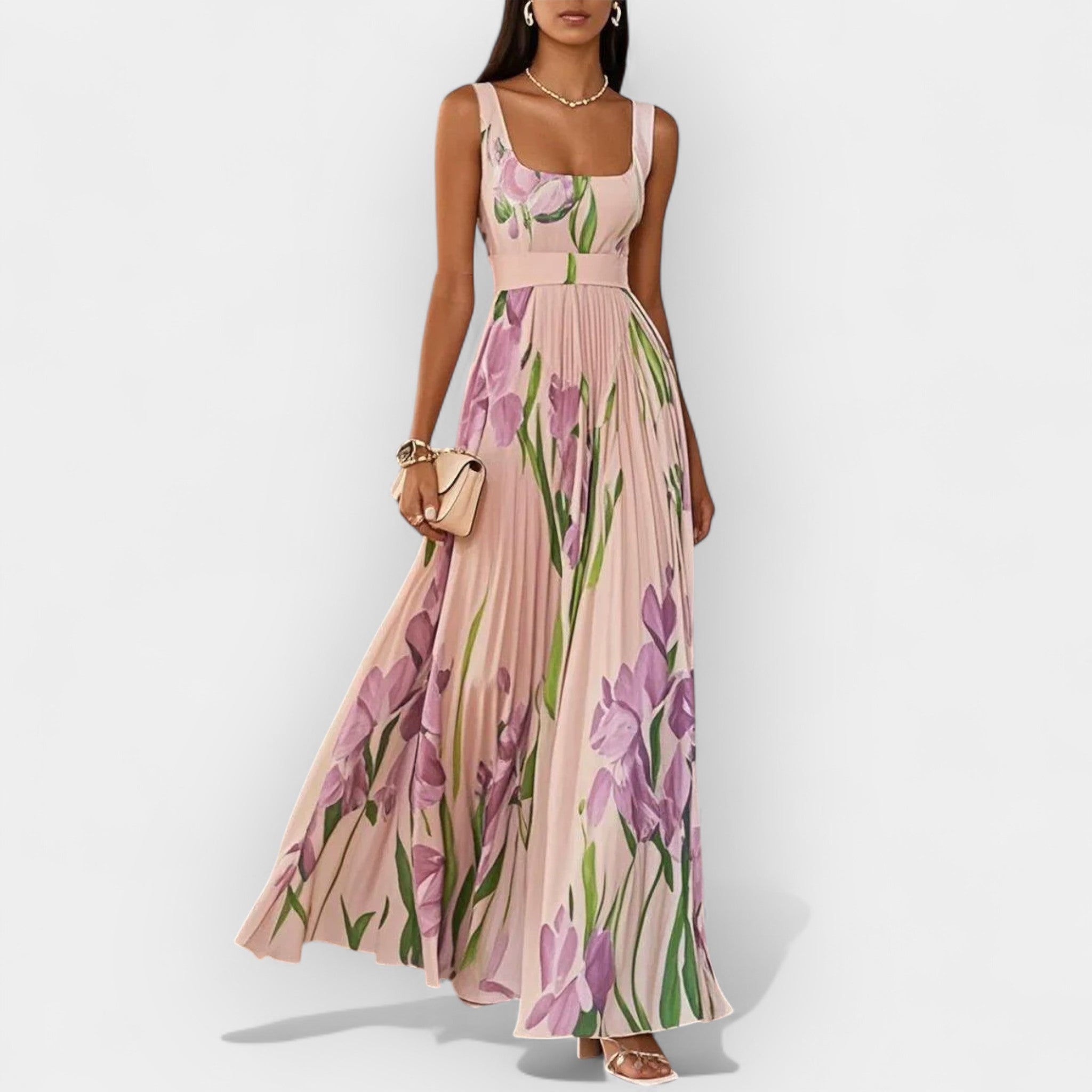 Rochie maxi plisată cu imprimeu floral și bretele late