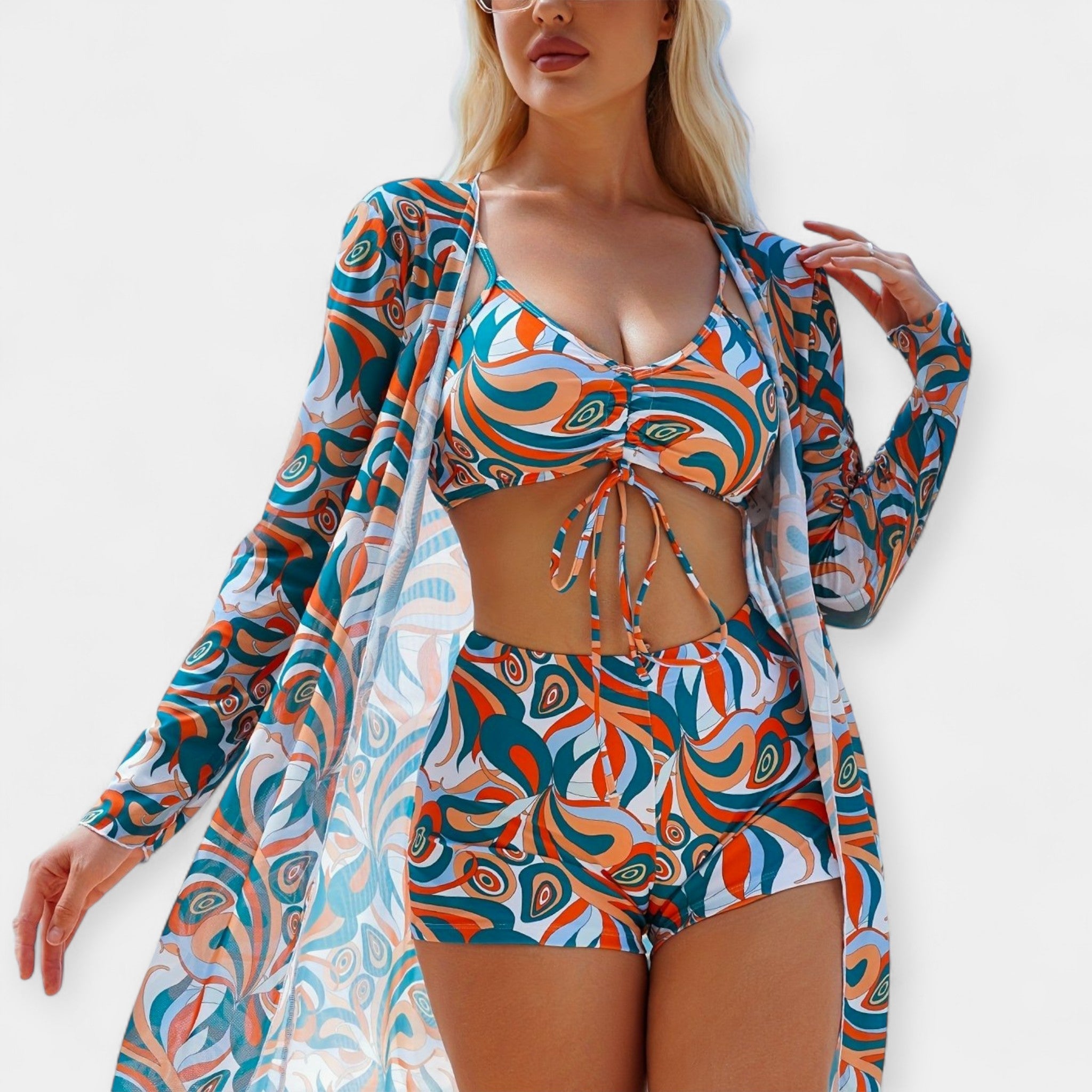 Set bikini cu talie înaltă și rochie de plajă