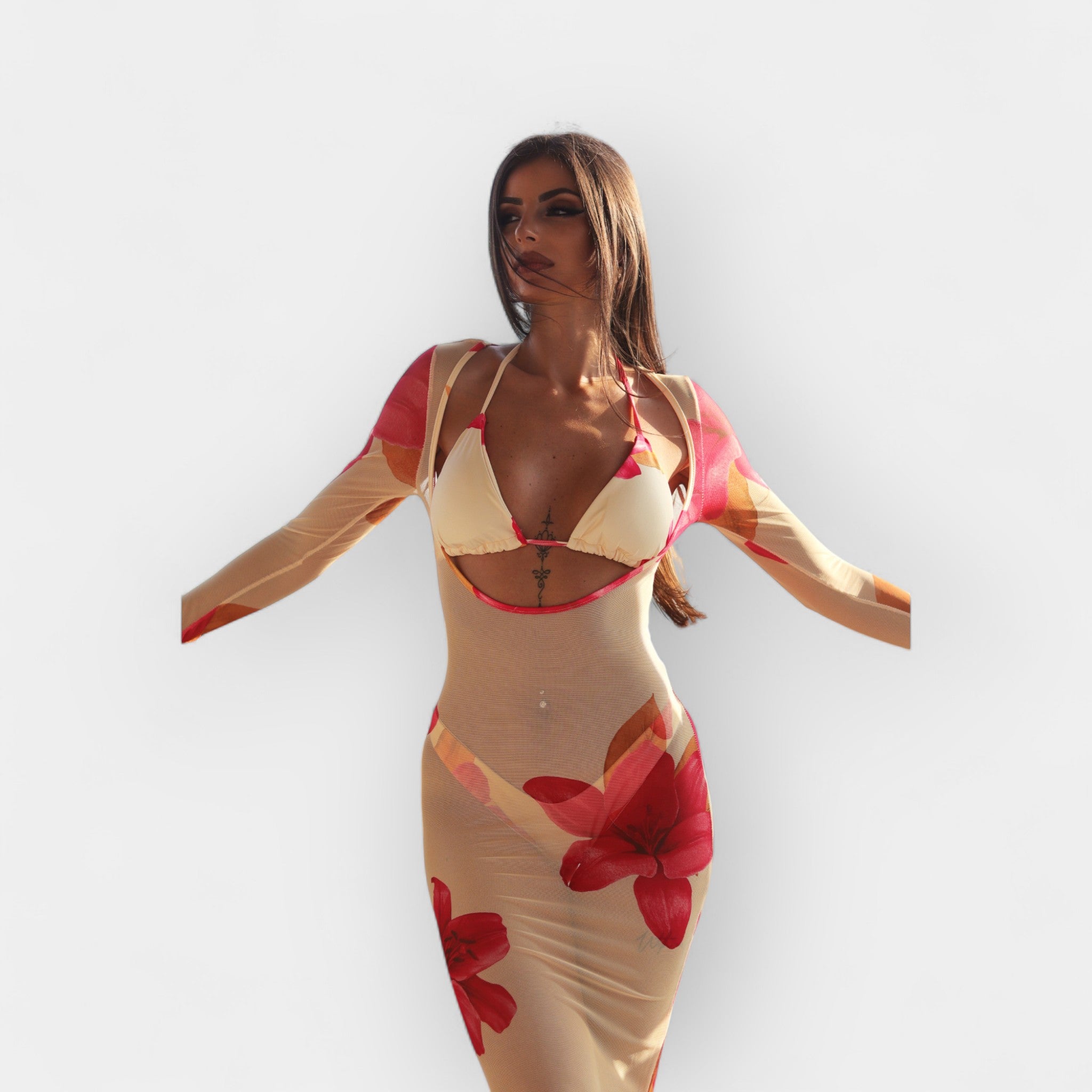 Set de plajă – costum 2 piese cu rochie vaporoasă