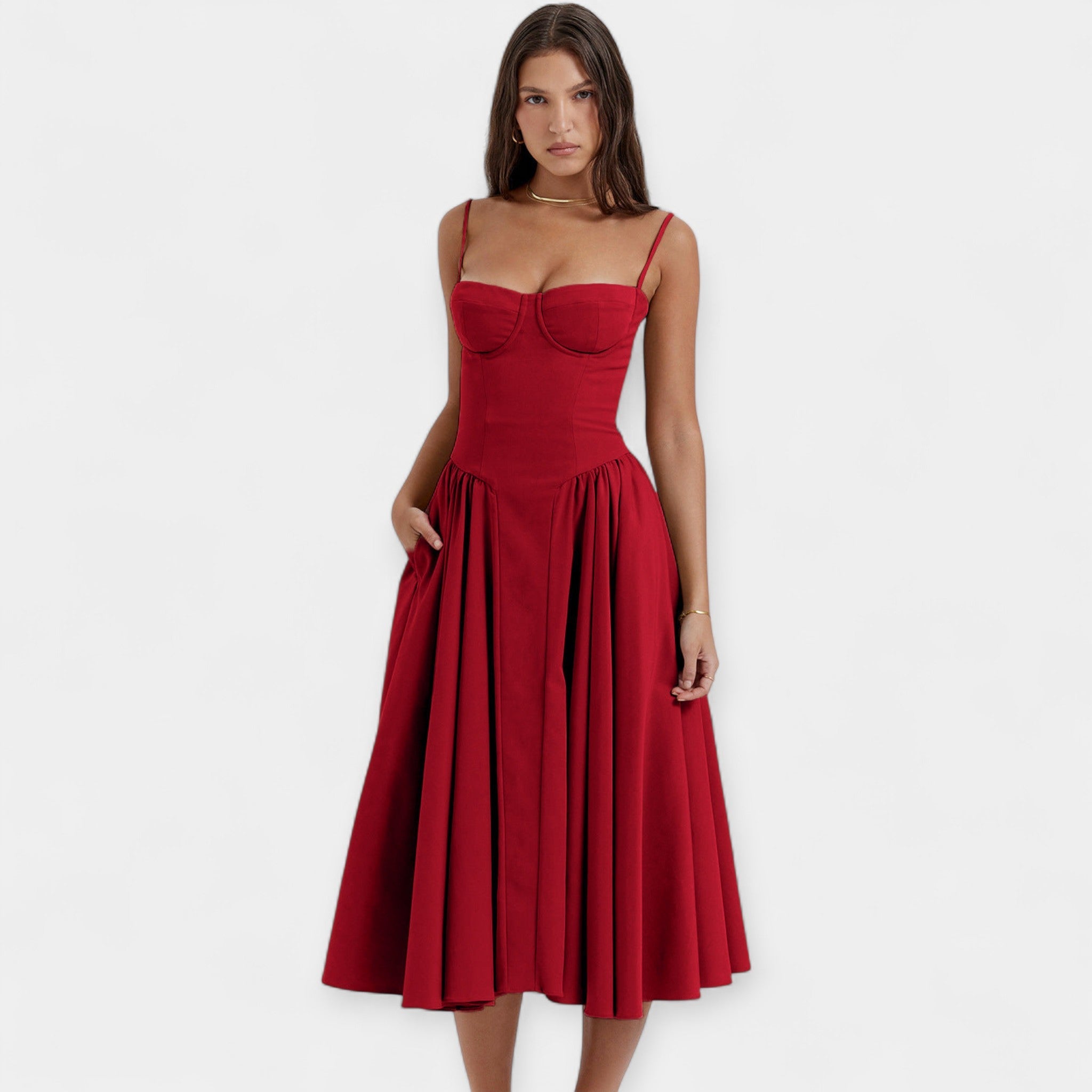 Rochie midi cu bretele, retro și feminină
