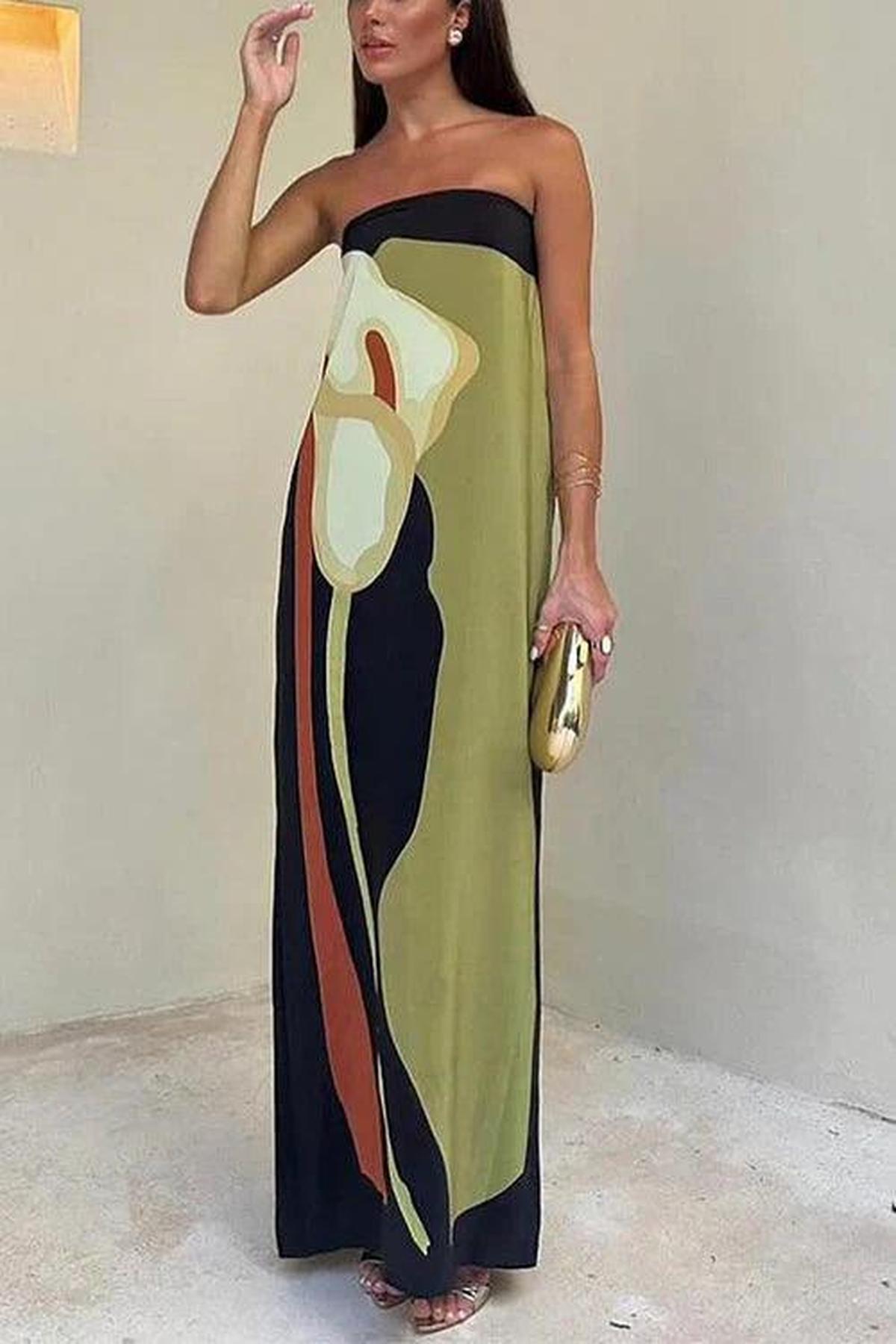 Abstract Print Strapless Maxi Dress