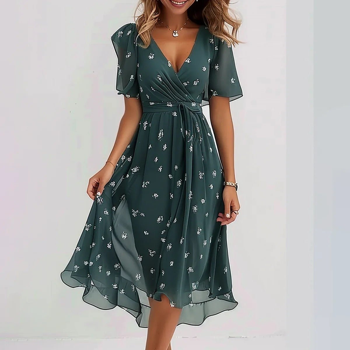 Cinched Waist Midi A-Line Wrap Dress