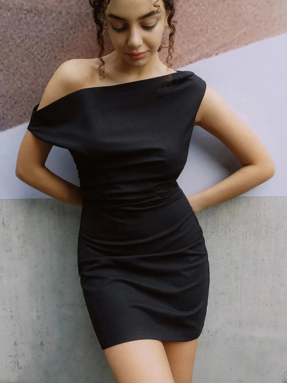 Cotton & Linen Asymmetrical One Shoulder Mini Dress