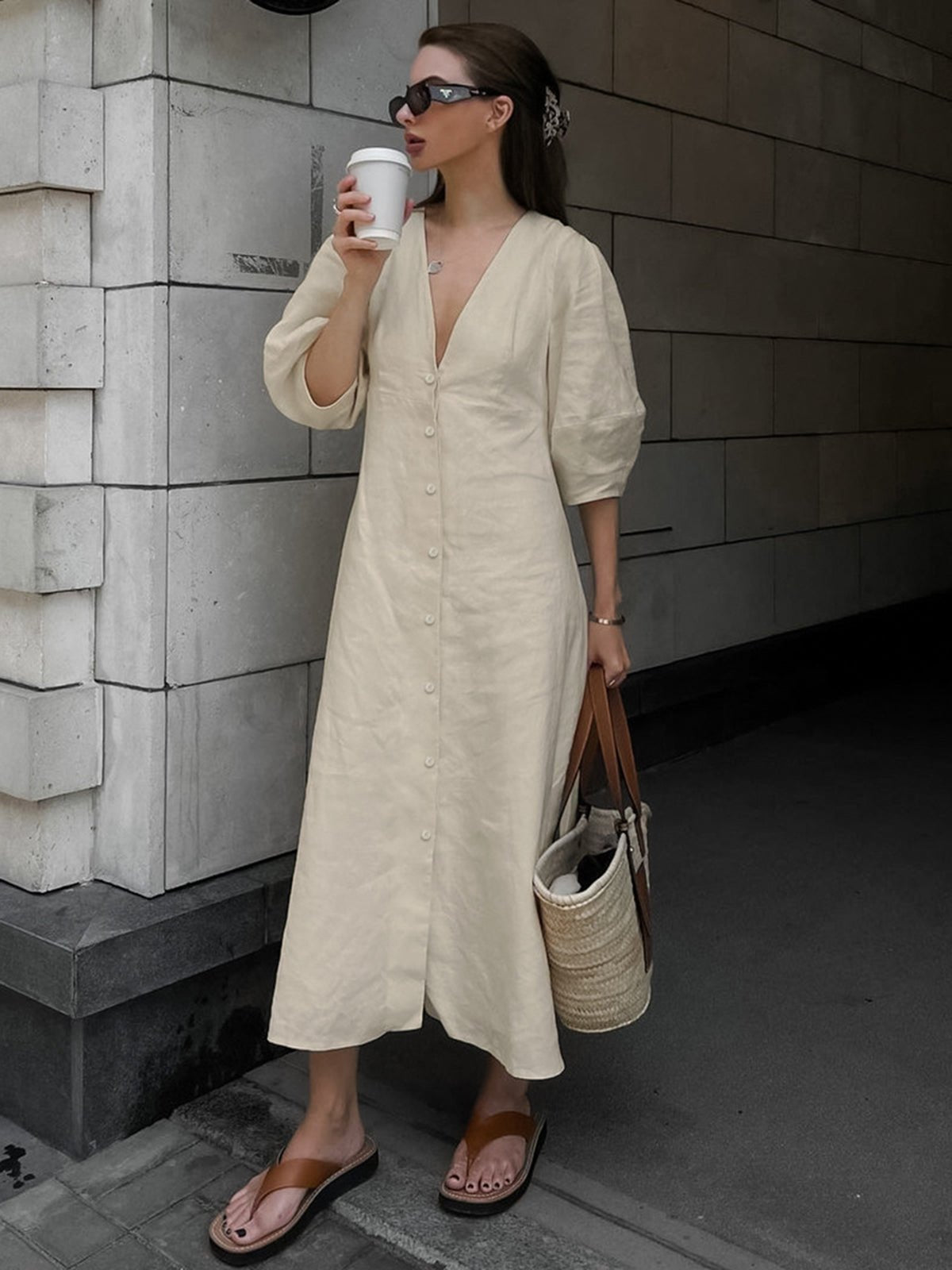 Cotton & Linen V-neck Maxi Dress