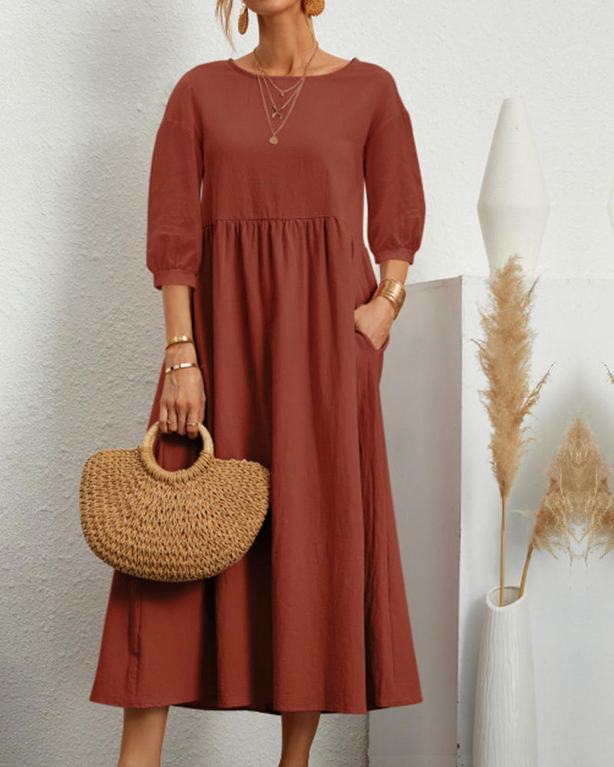 Women’s Midi Dress With Round Neckline And Lantern Sleeves