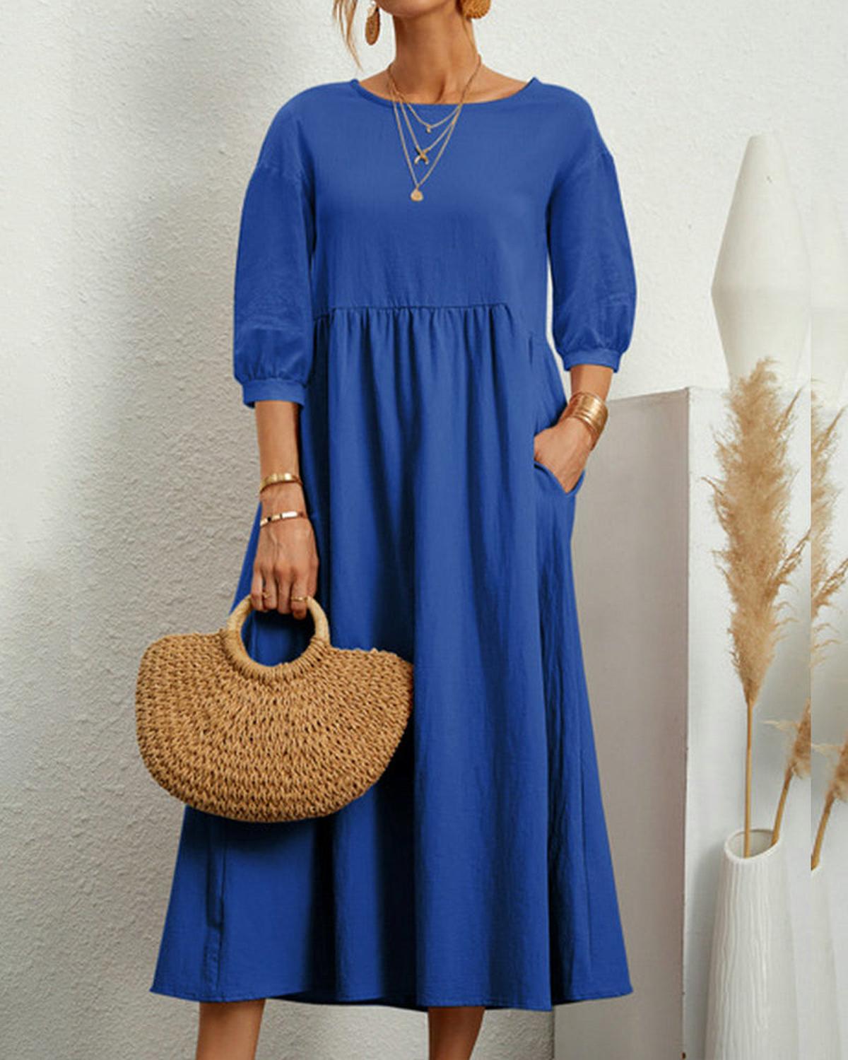 Women’s Midi Dress With Round Neckline And Lantern Sleeves