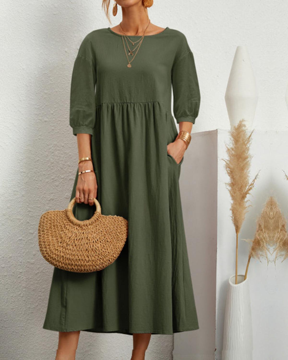 Women’s Midi Dress With Round Neckline And Lantern Sleeves
