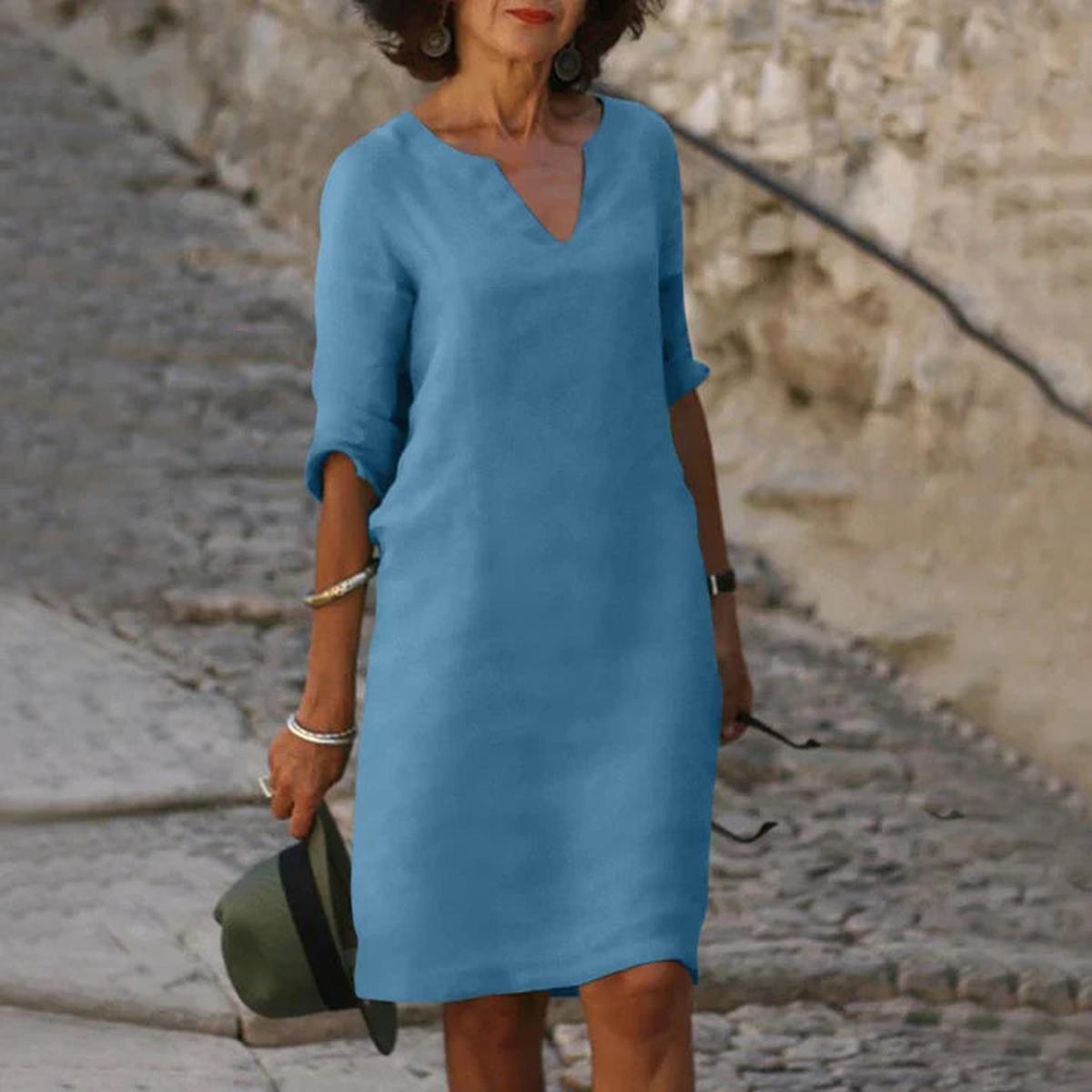 Elegant Linen V-Neck Midi Summer Dress