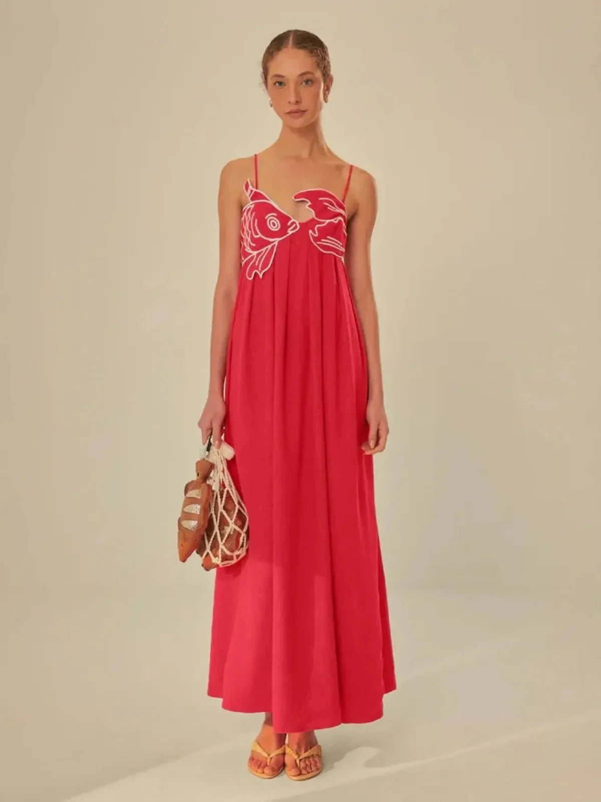 Embroidered Fish Semi-Sheer Cami Maxi Dress