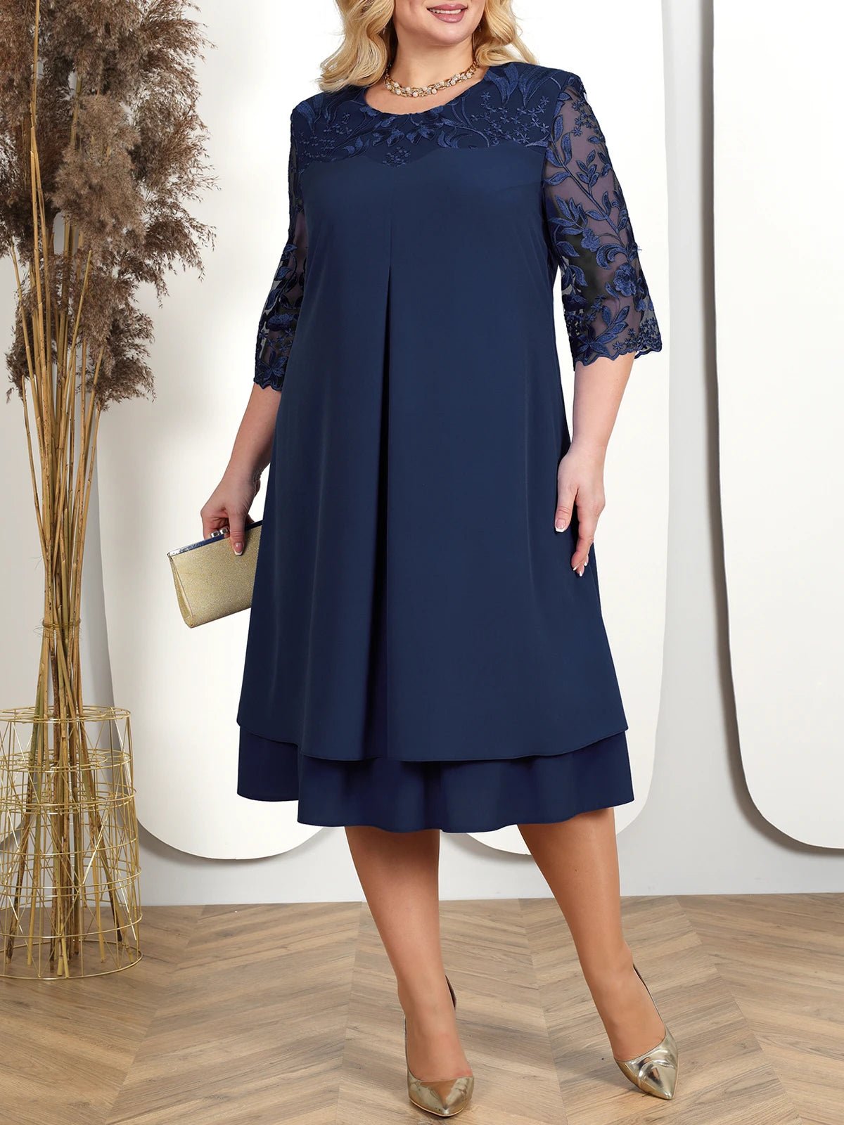 Embroidered Plus Size Banquet Dress With Sheer Sleeves