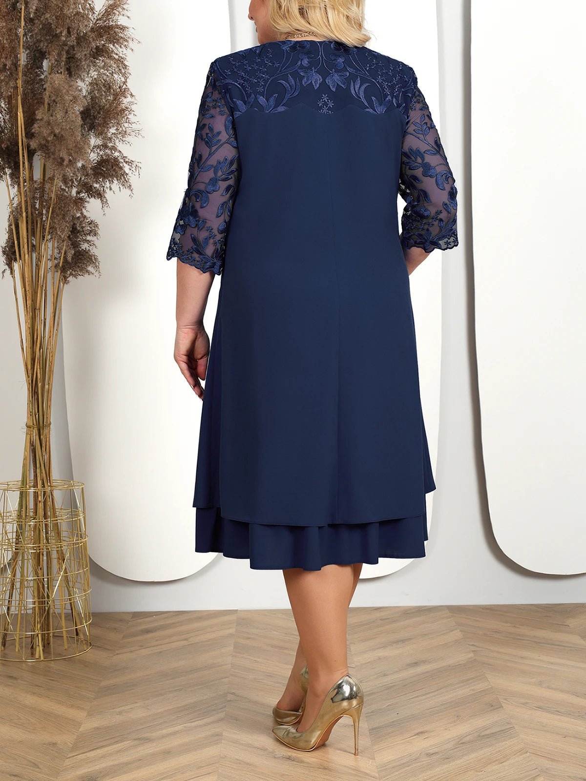 Embroidered Plus Size Banquet Dress With Sheer Sleeves