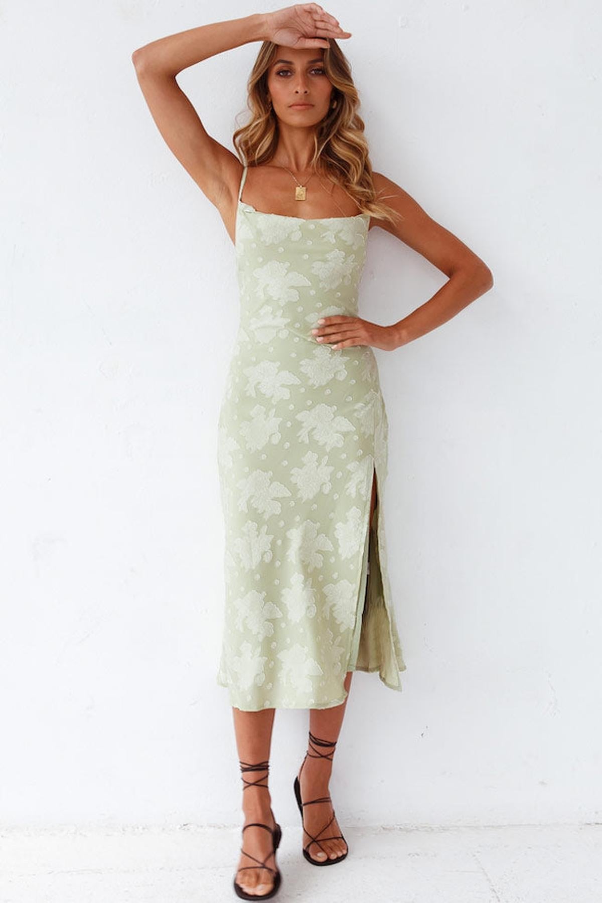Floral Cowl Neck Midi Slip Dress With High Slit