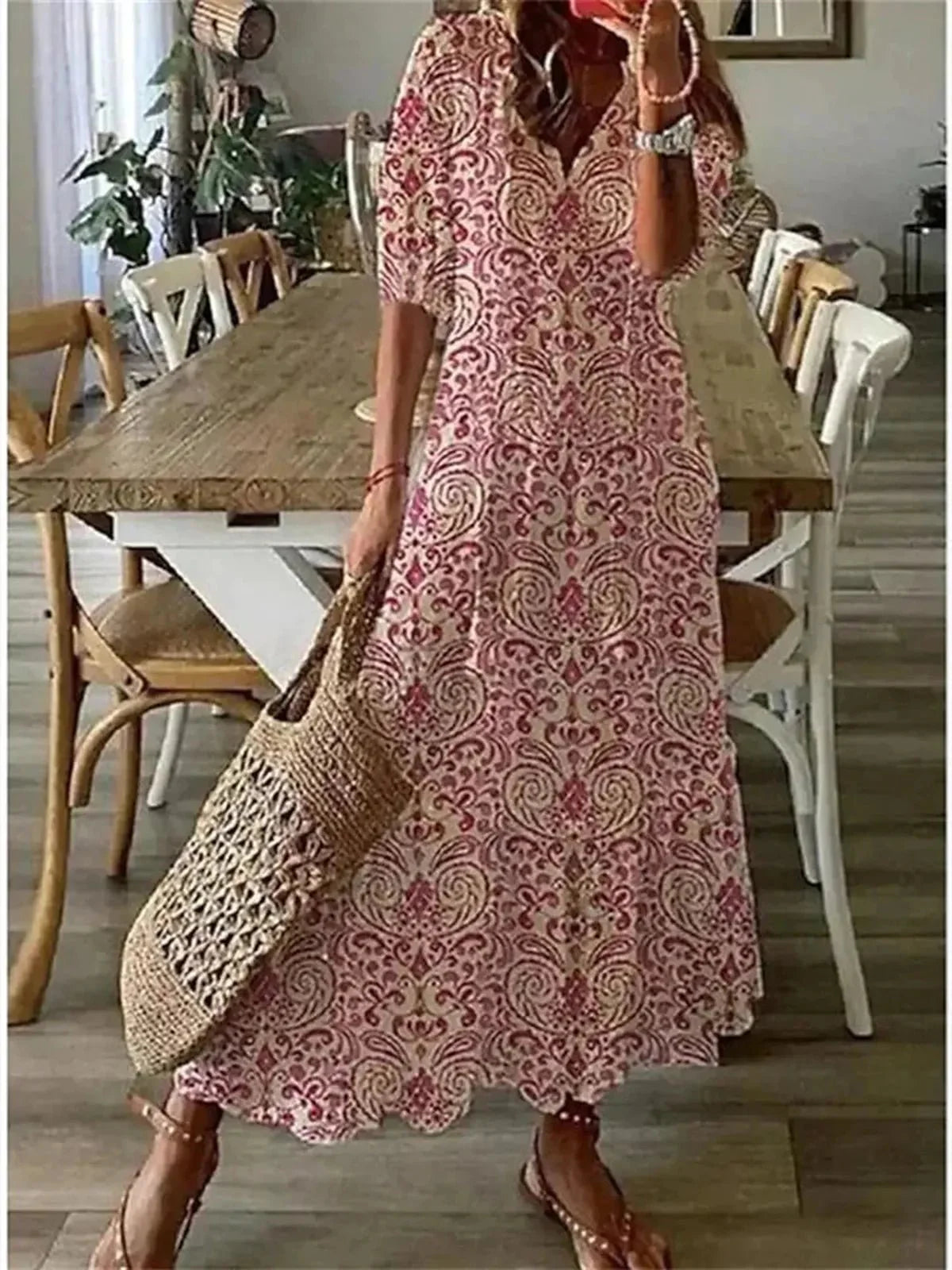 Floral Print V-Neck Maxi Dress With 3/4 Sleeves