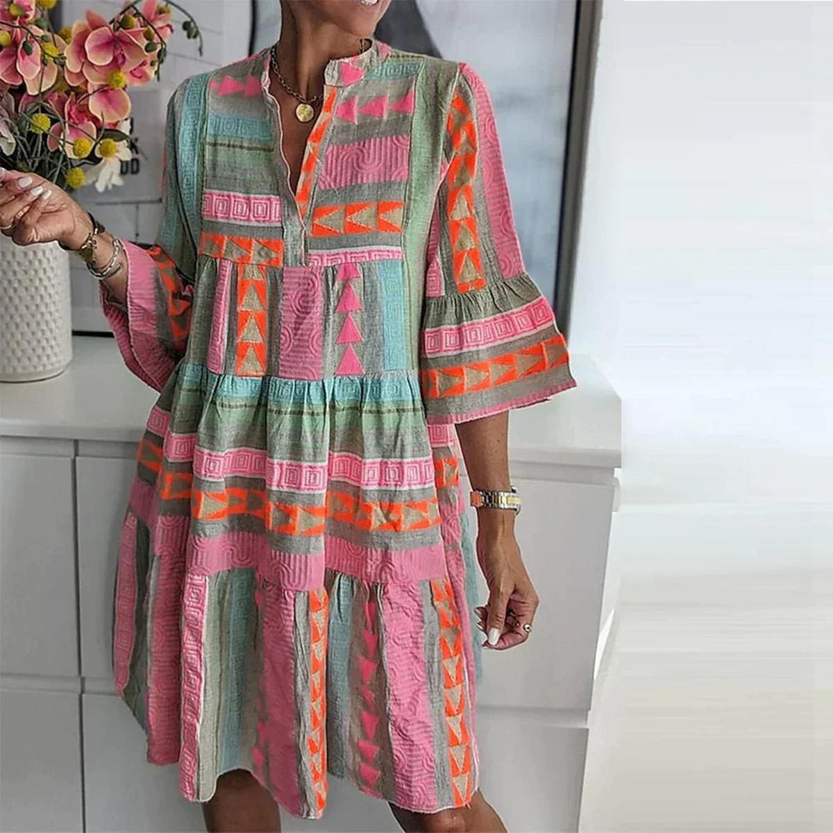 Geometric Boho Midi Dress With Three-Quarter Sleeves