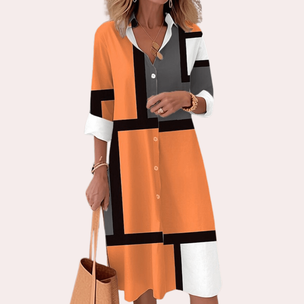 Geometric Print Knee-Length Shirt Dress