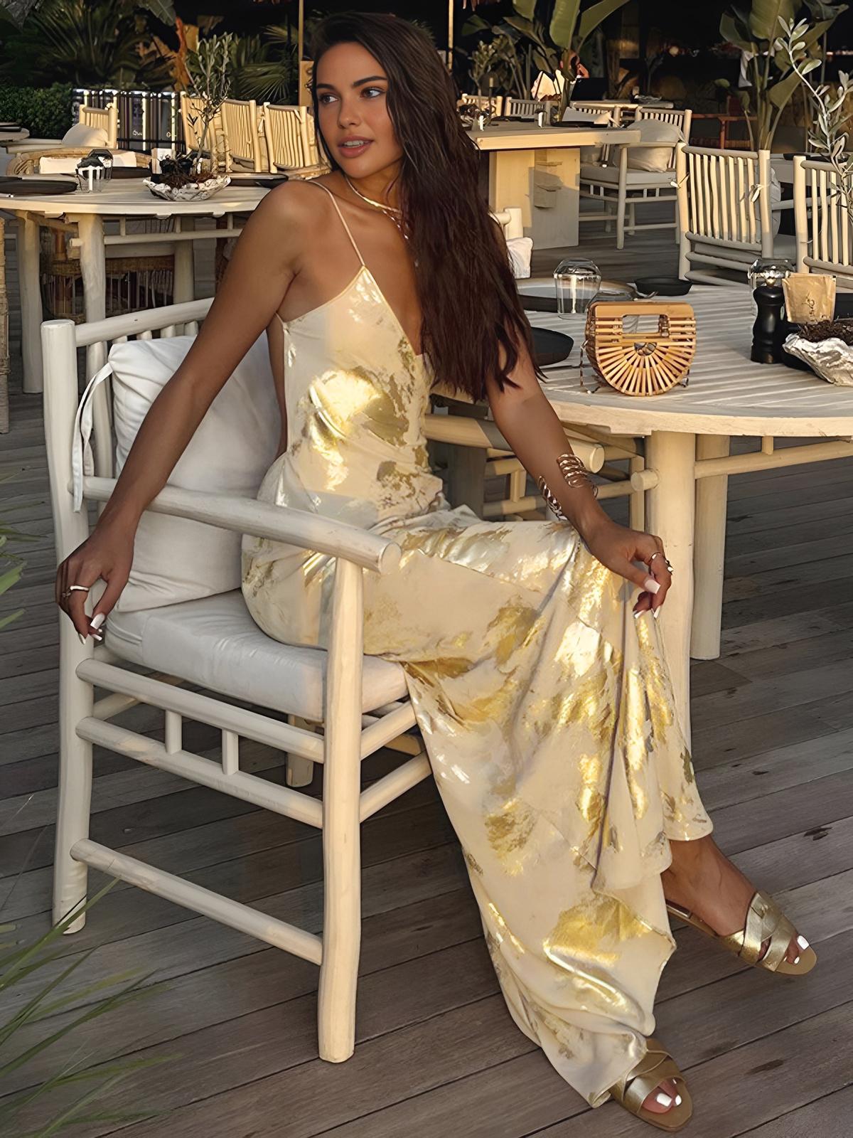 Golden Backless V-Neck Maxi Dress