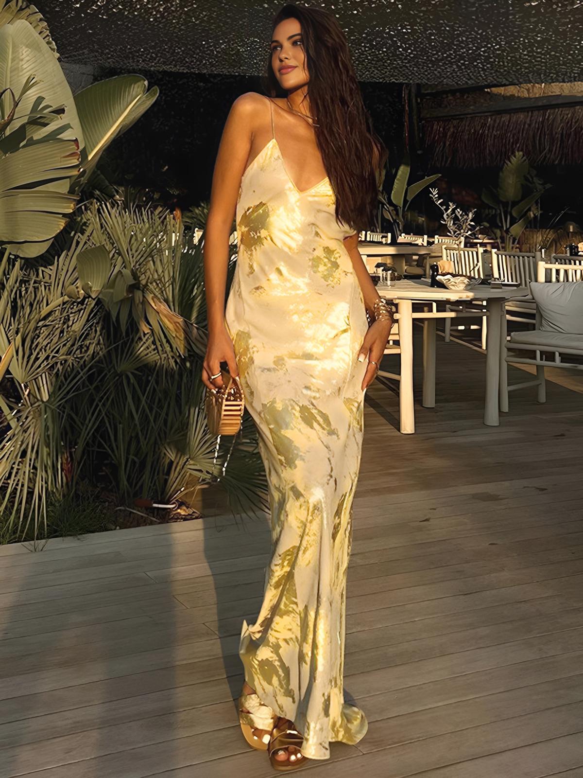 Golden Backless V-Neck Maxi Dress