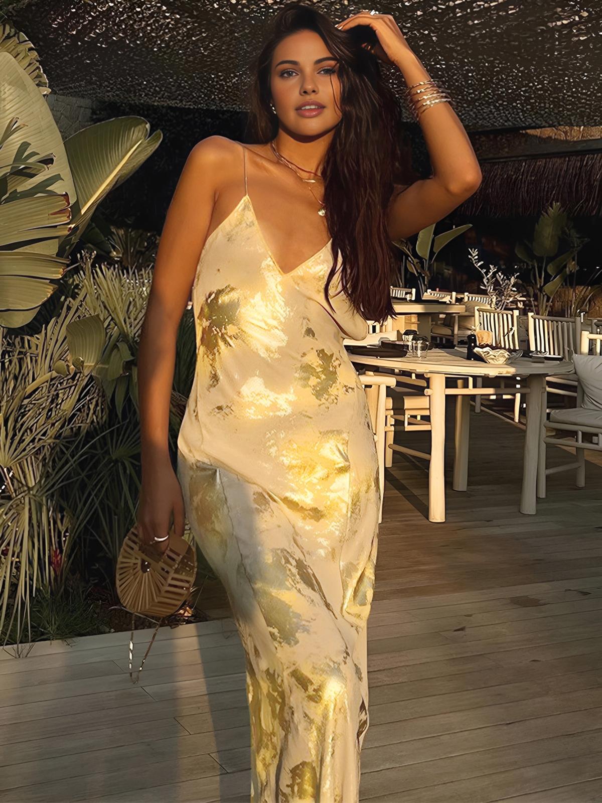 Golden Backless V-Neck Maxi Dress