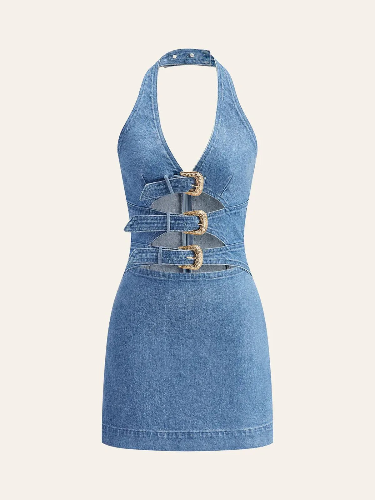 Halter Neck Buckle Faux Denim Mini Dress