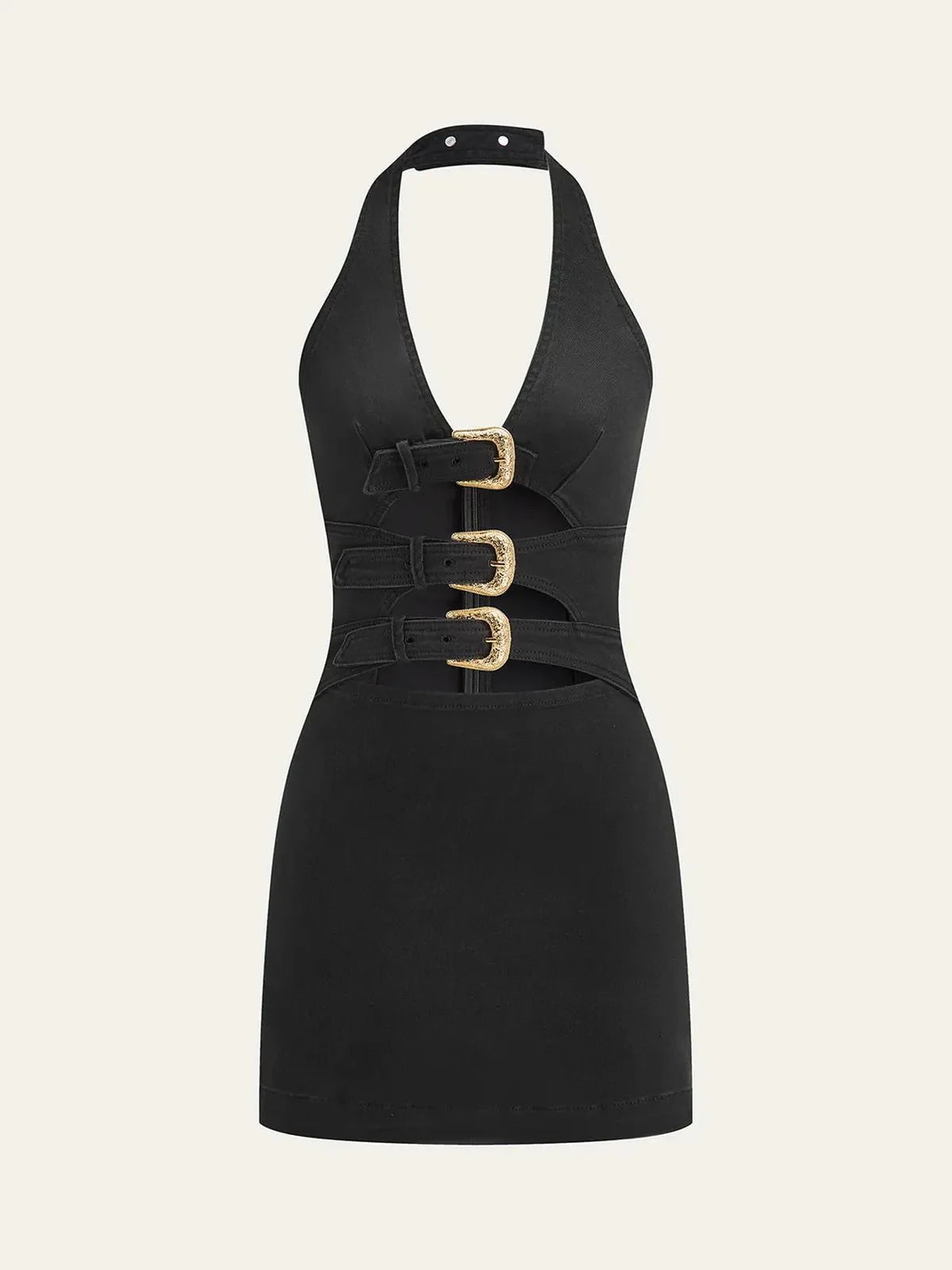 Halter Neck Buckle Faux Denim Mini Dress