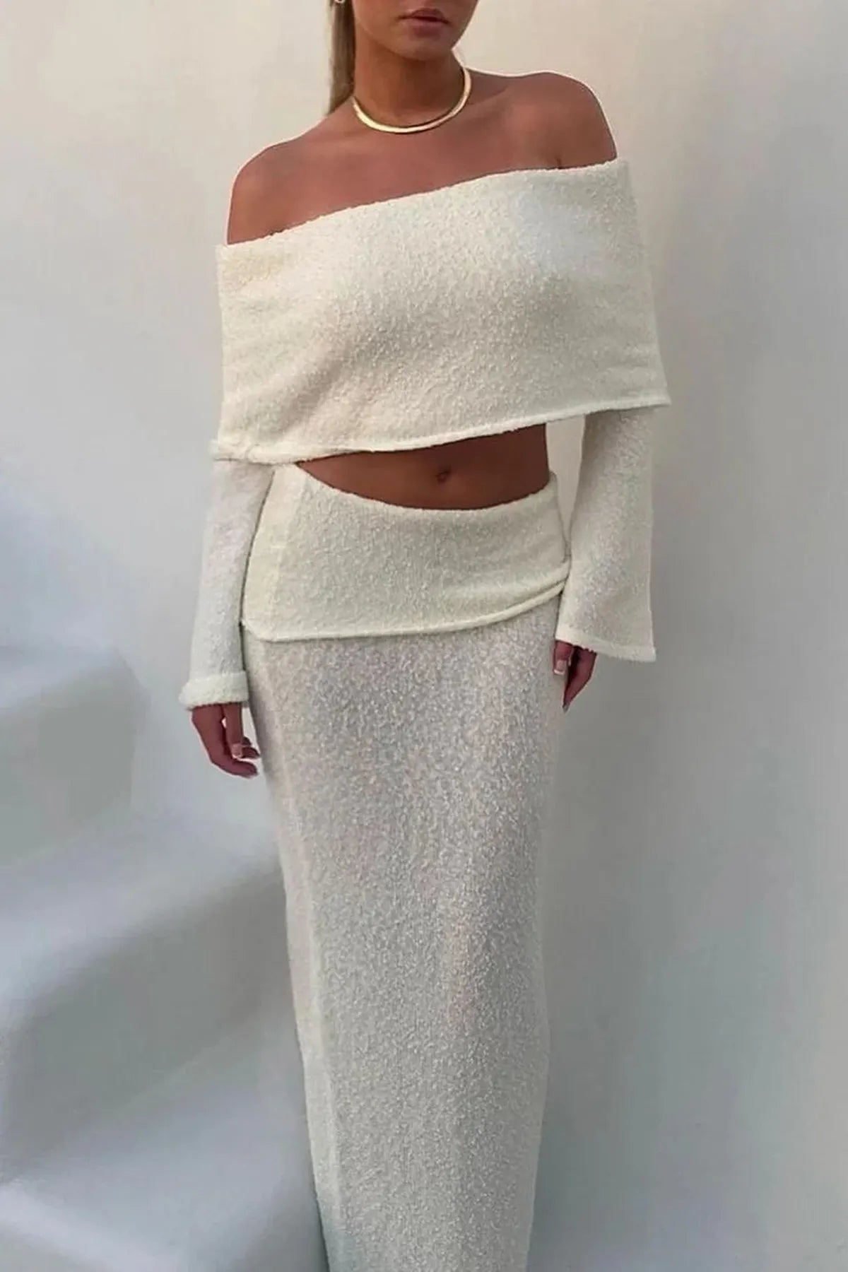 Knit Off Shoulder Boucle Top & Maxi Skirt Co-Ord