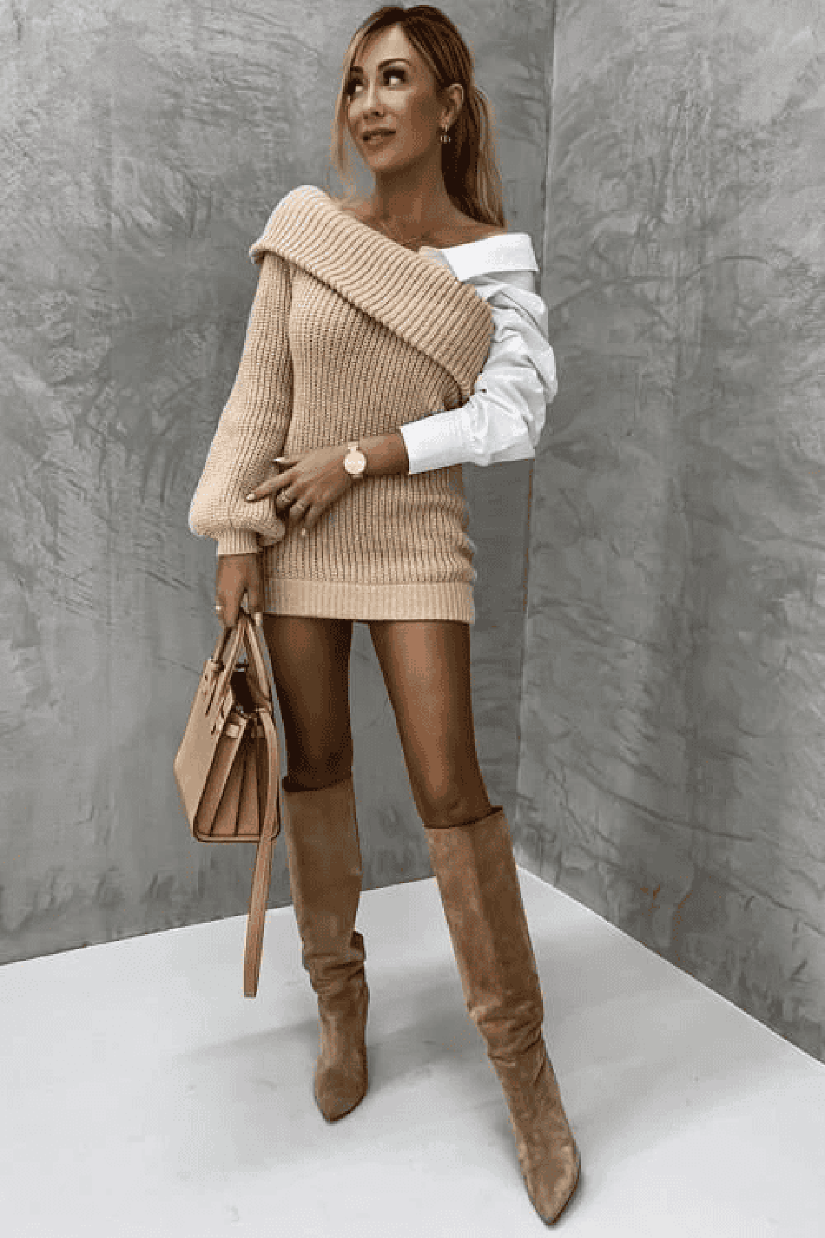 Knitted Dress With Attached Shirt And Heart Embroidery