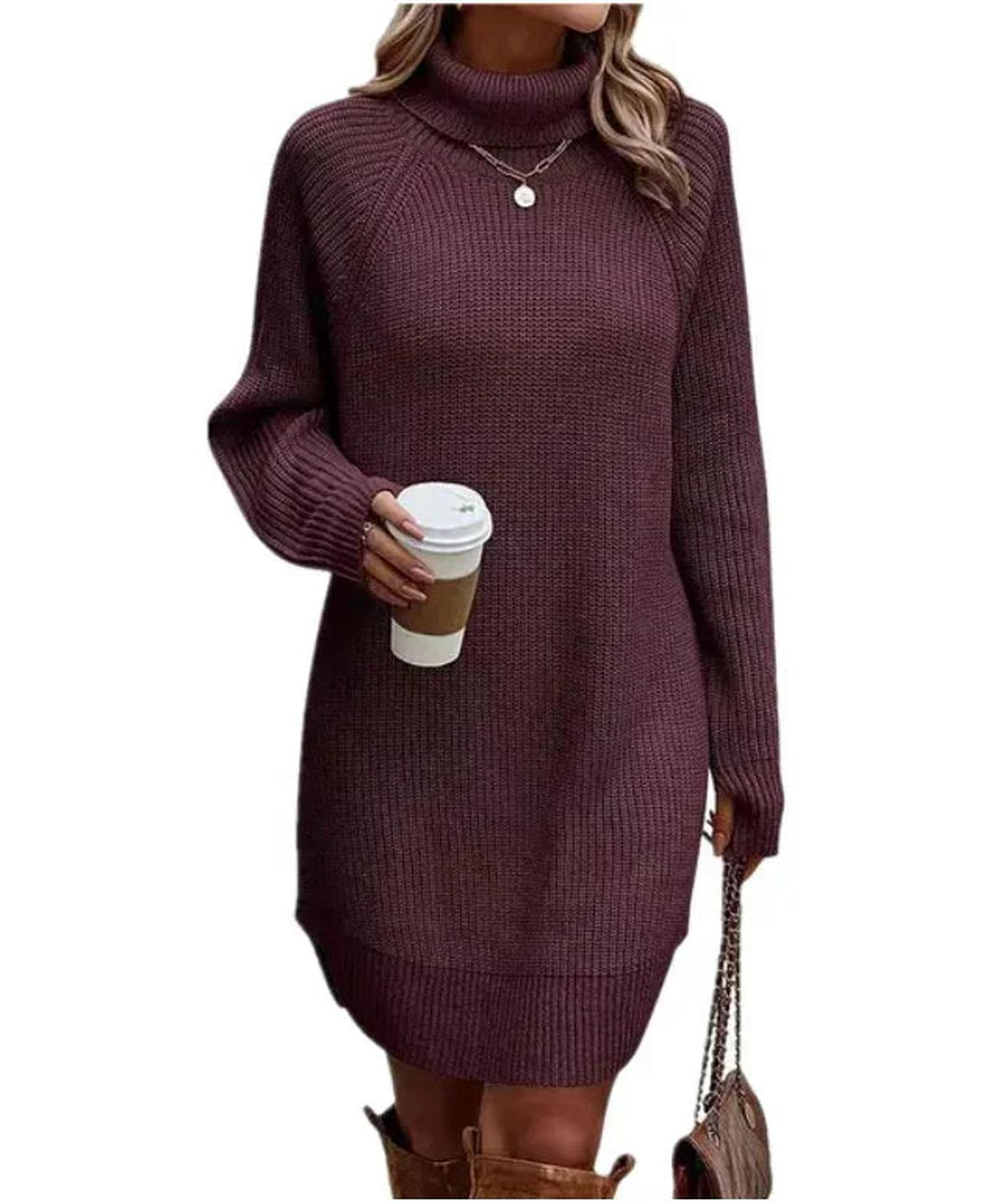 Knitted Roll Neck Dress For Women - Soft Chunky Knit, Relaxed Fit, Versatile Style