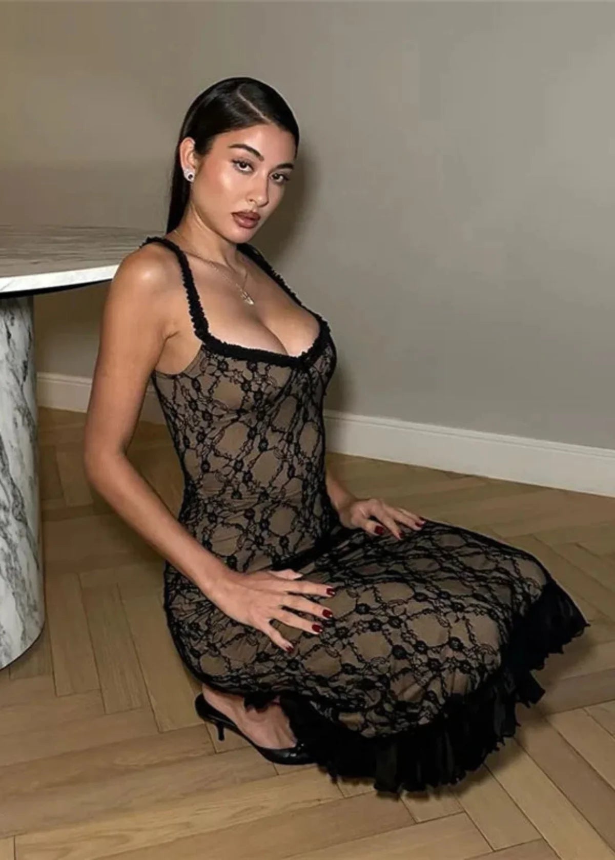 Lace Patchwork Cami Midi Dress