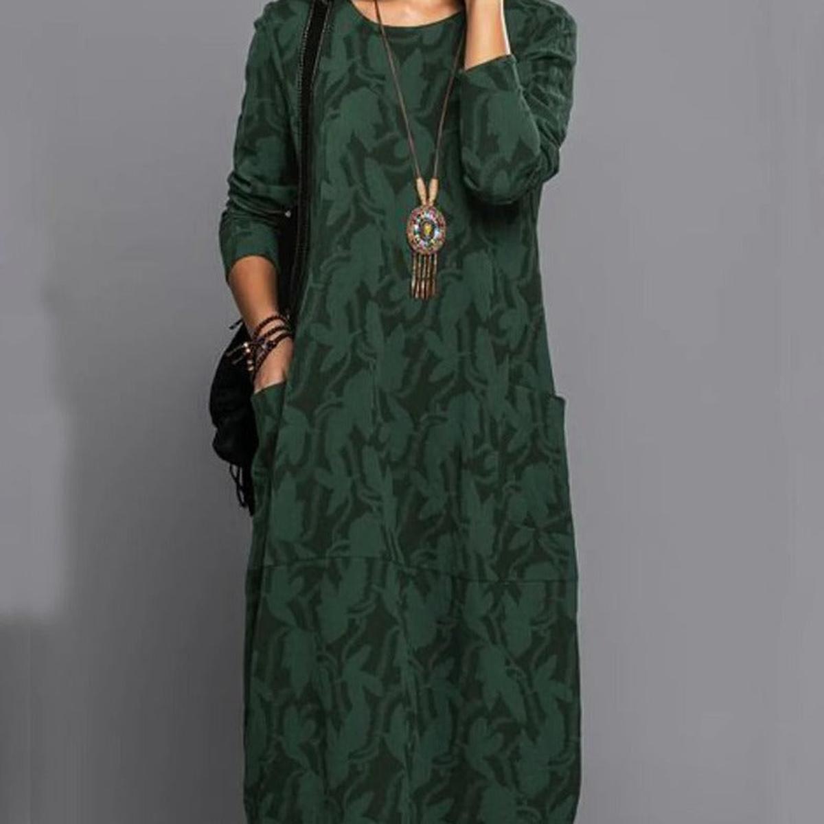 Long Sleeve Pocket Midi Dress With Printed Pattern