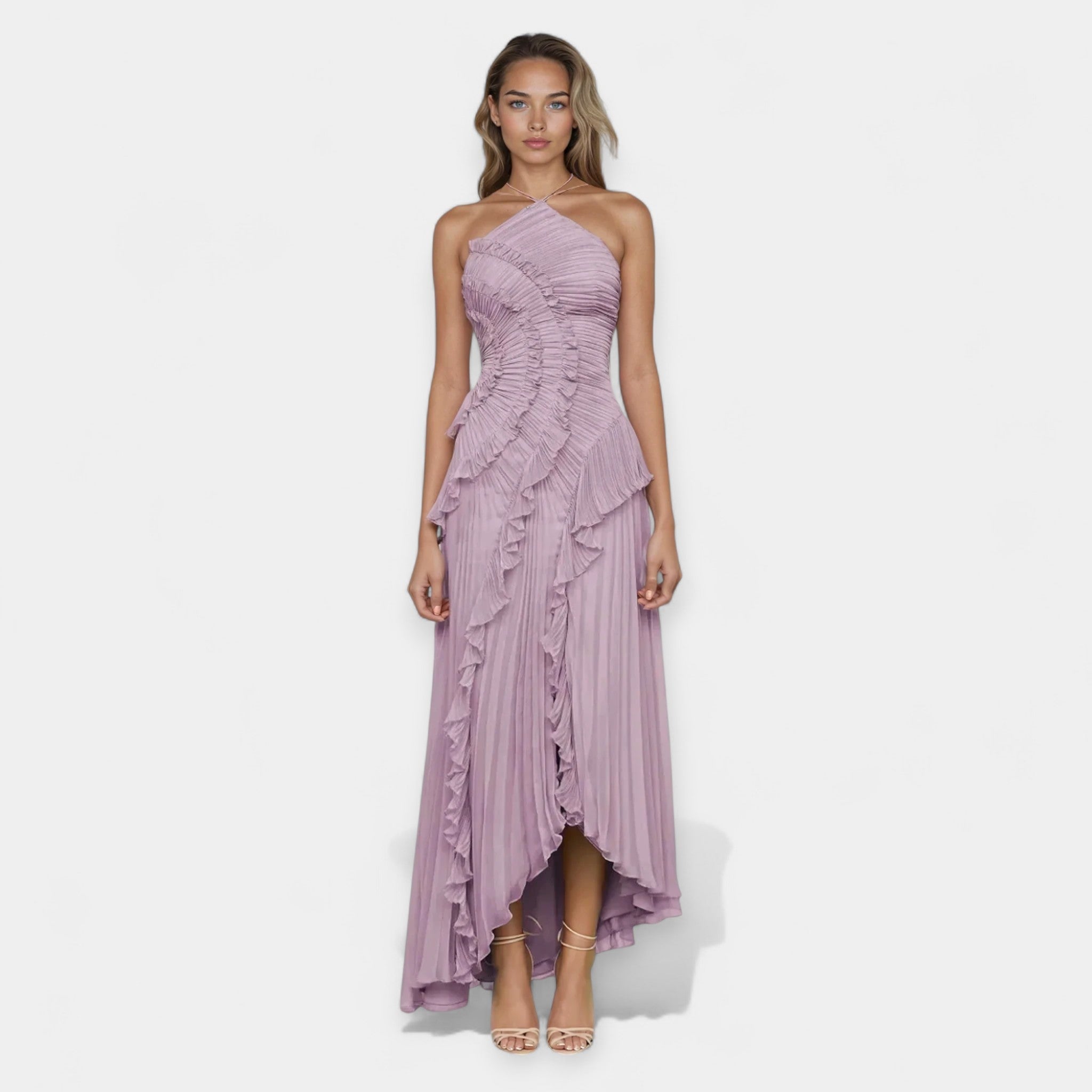 Rochie midi lila cu volane lejere