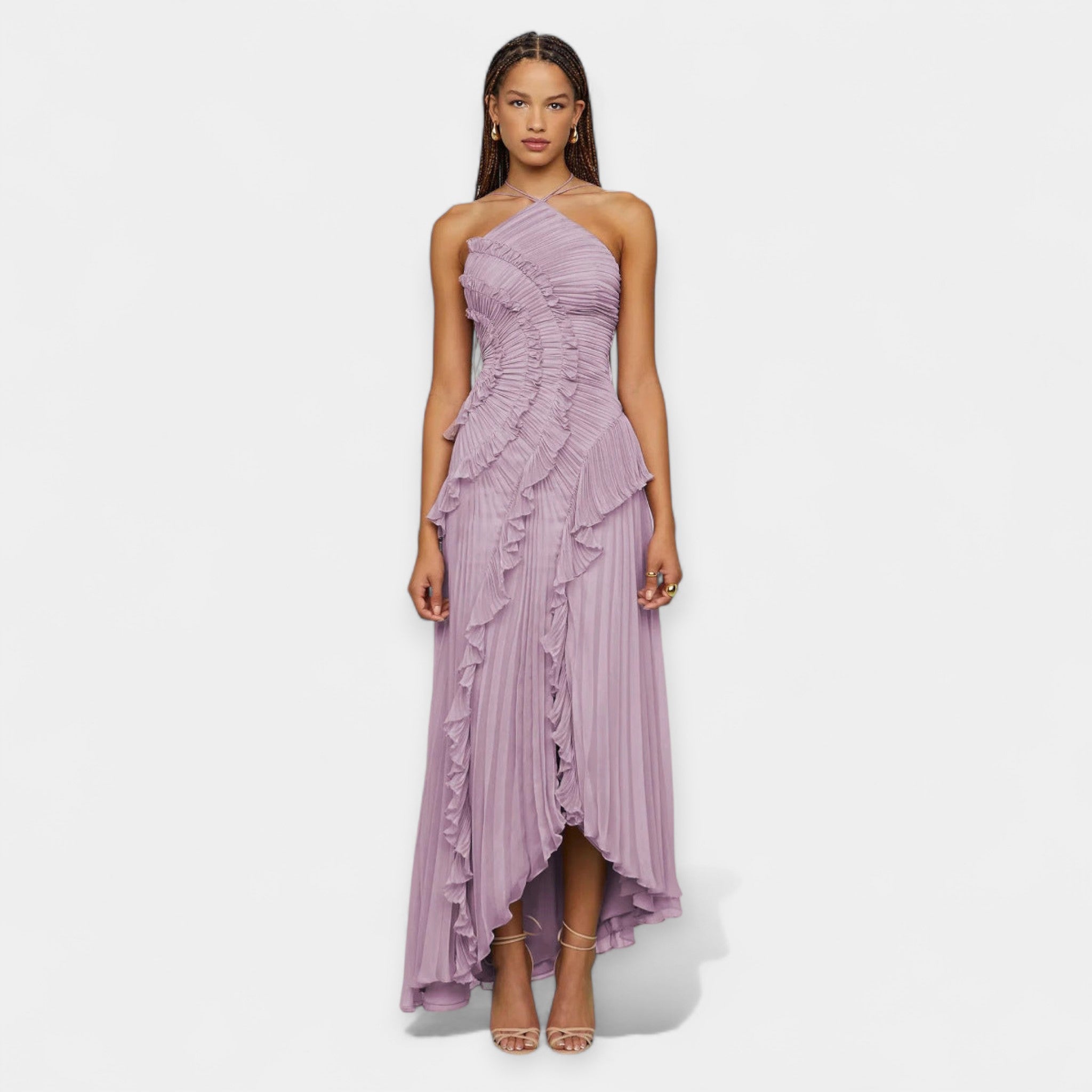 Rochie midi lila cu volane lejere