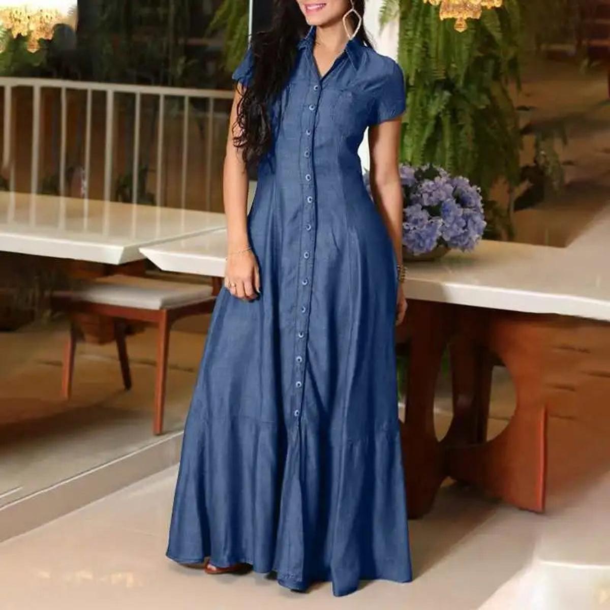 Plus Size Maxi Denim Dress With Pockets