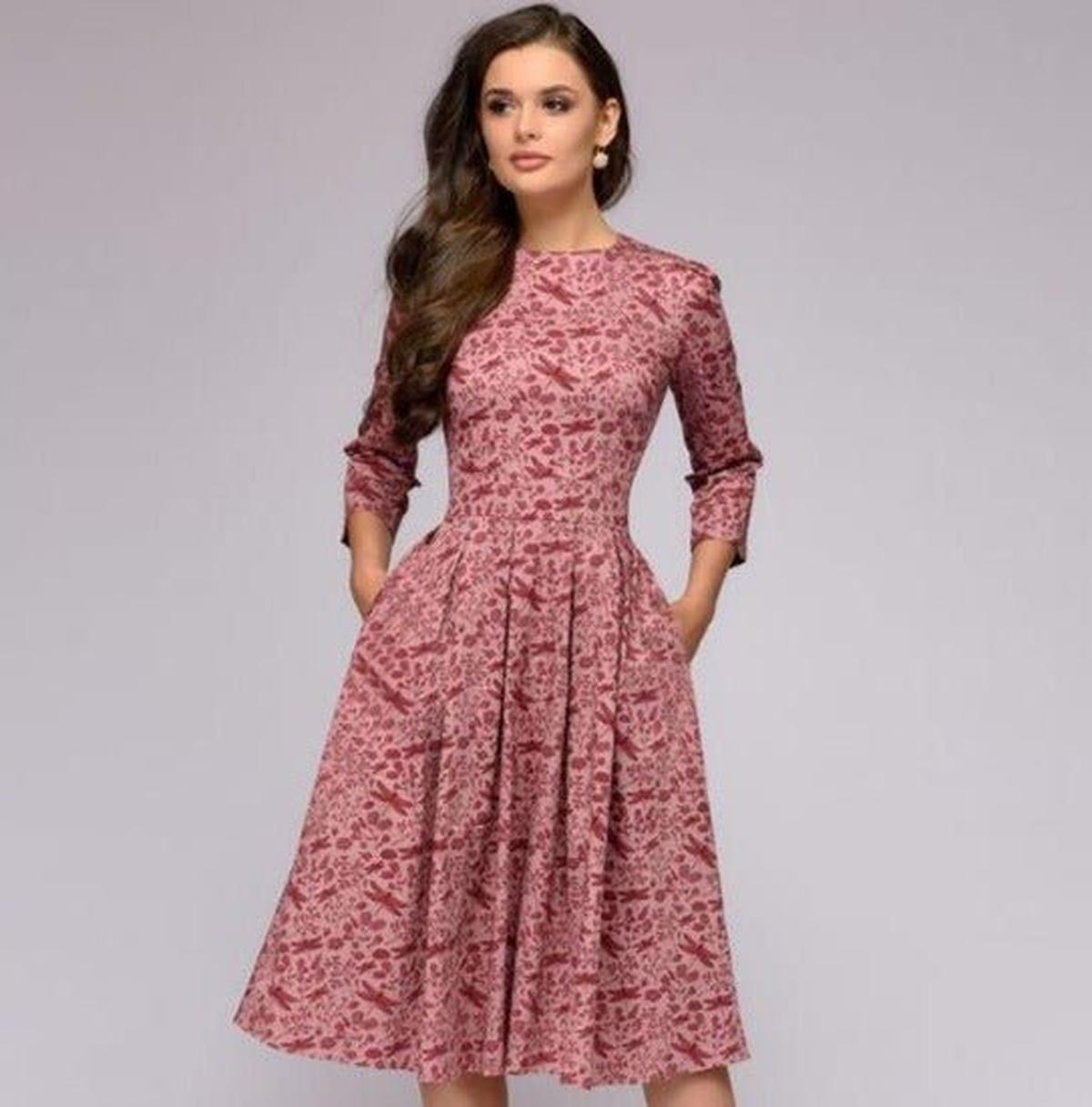 Retro Floral Dress With 3/4 Puff Sleeves