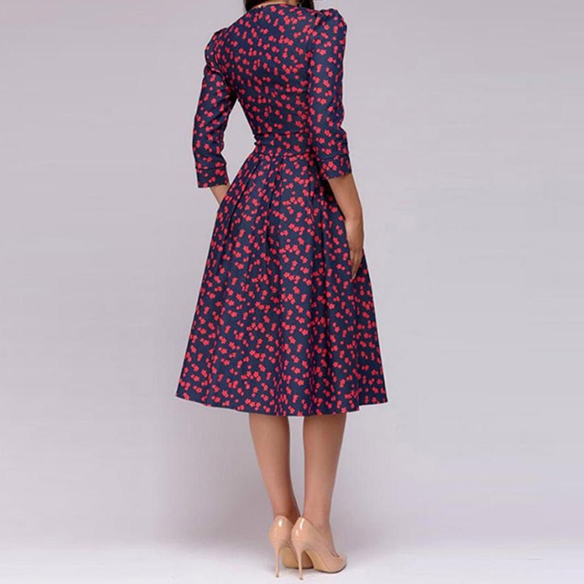 Retro Floral Dress With 3/4 Puff Sleeves