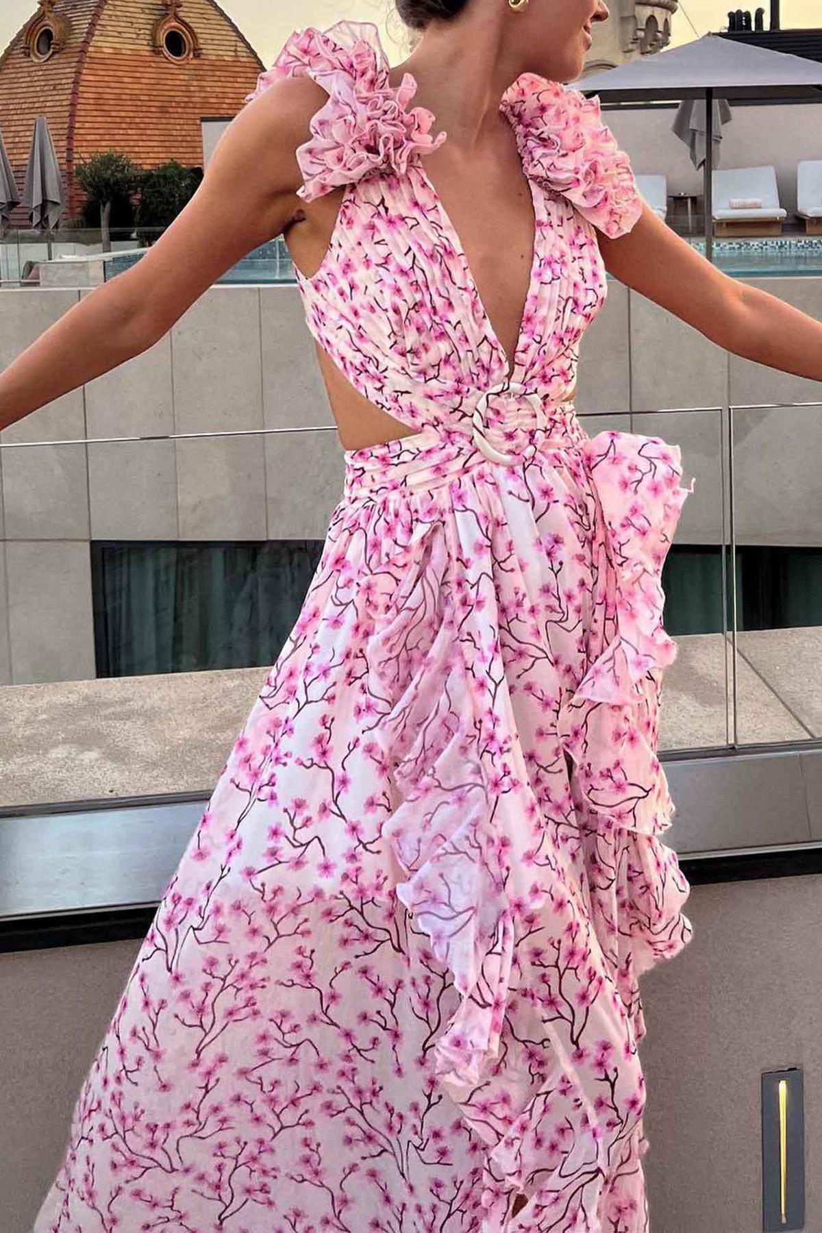 Ruffled Sleeve Cut-Out Waist Floral Maxi Dress