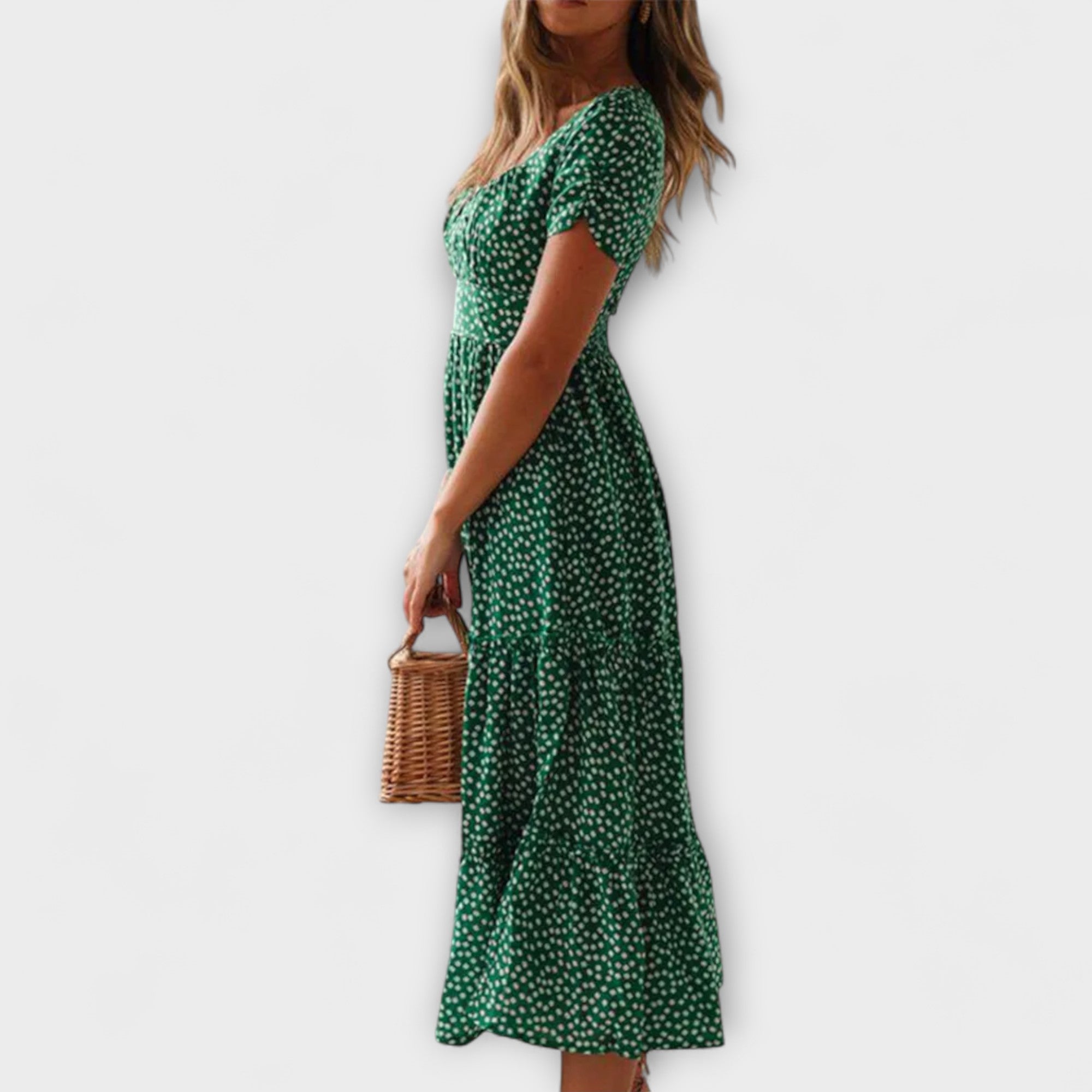 Vintage kvetinový vzor Puffärmel Maxikleid