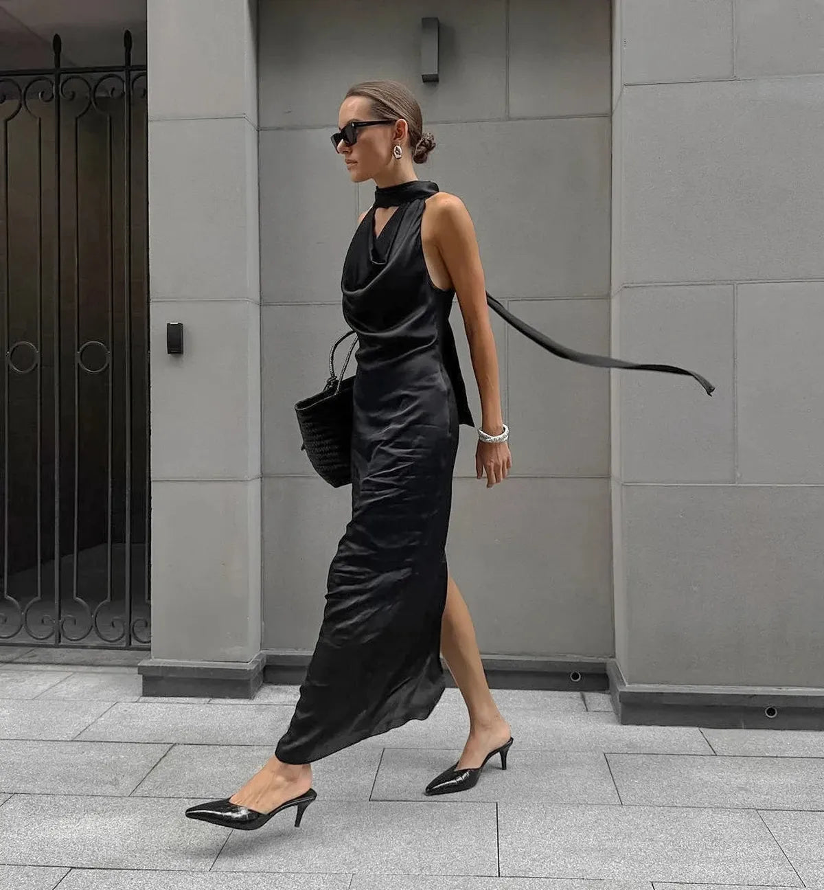 Satin Halter Maxi Dress with Scarf Detail